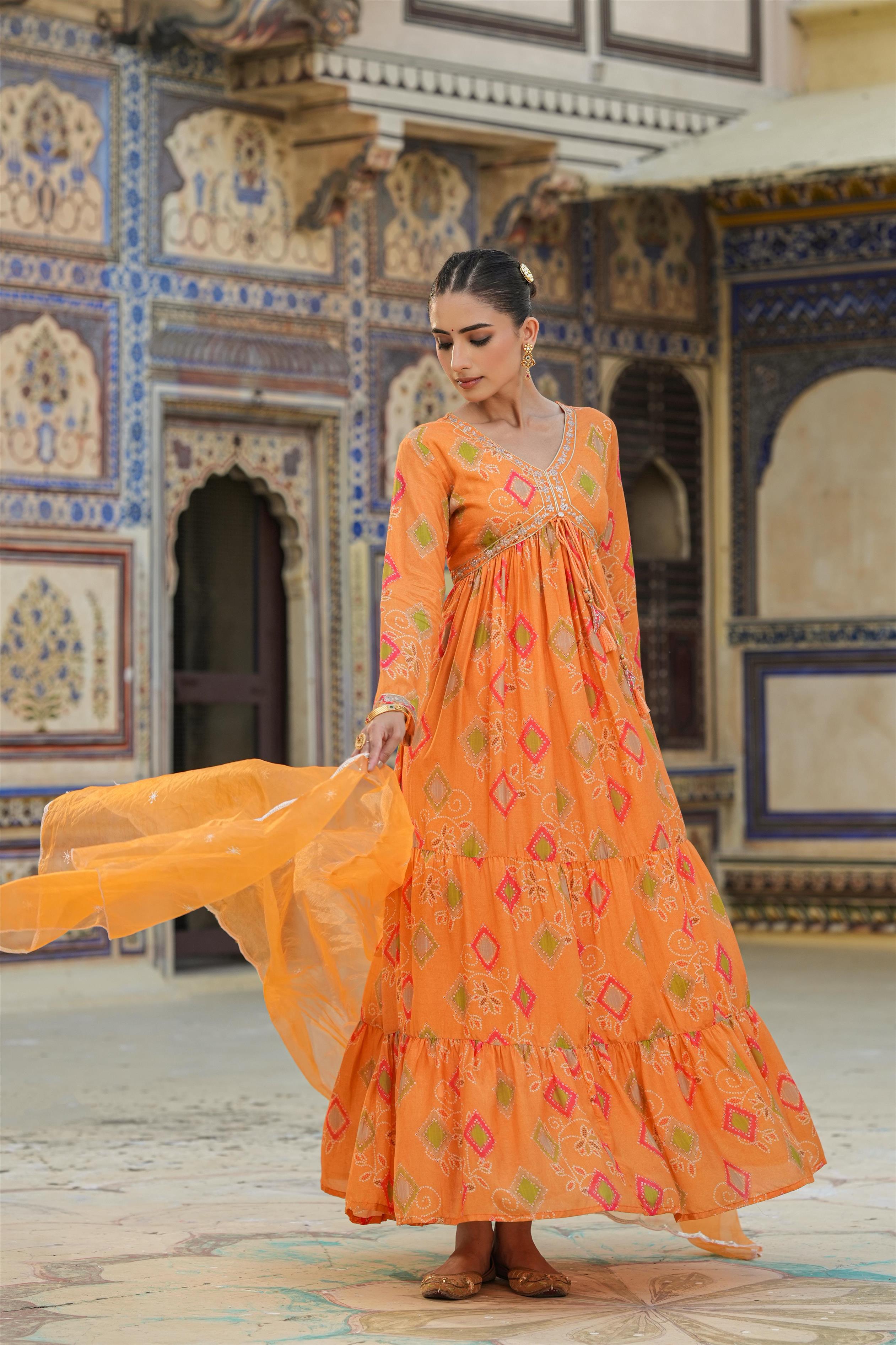 Orange Muslin Silk Bandhani Dress With Dupatta