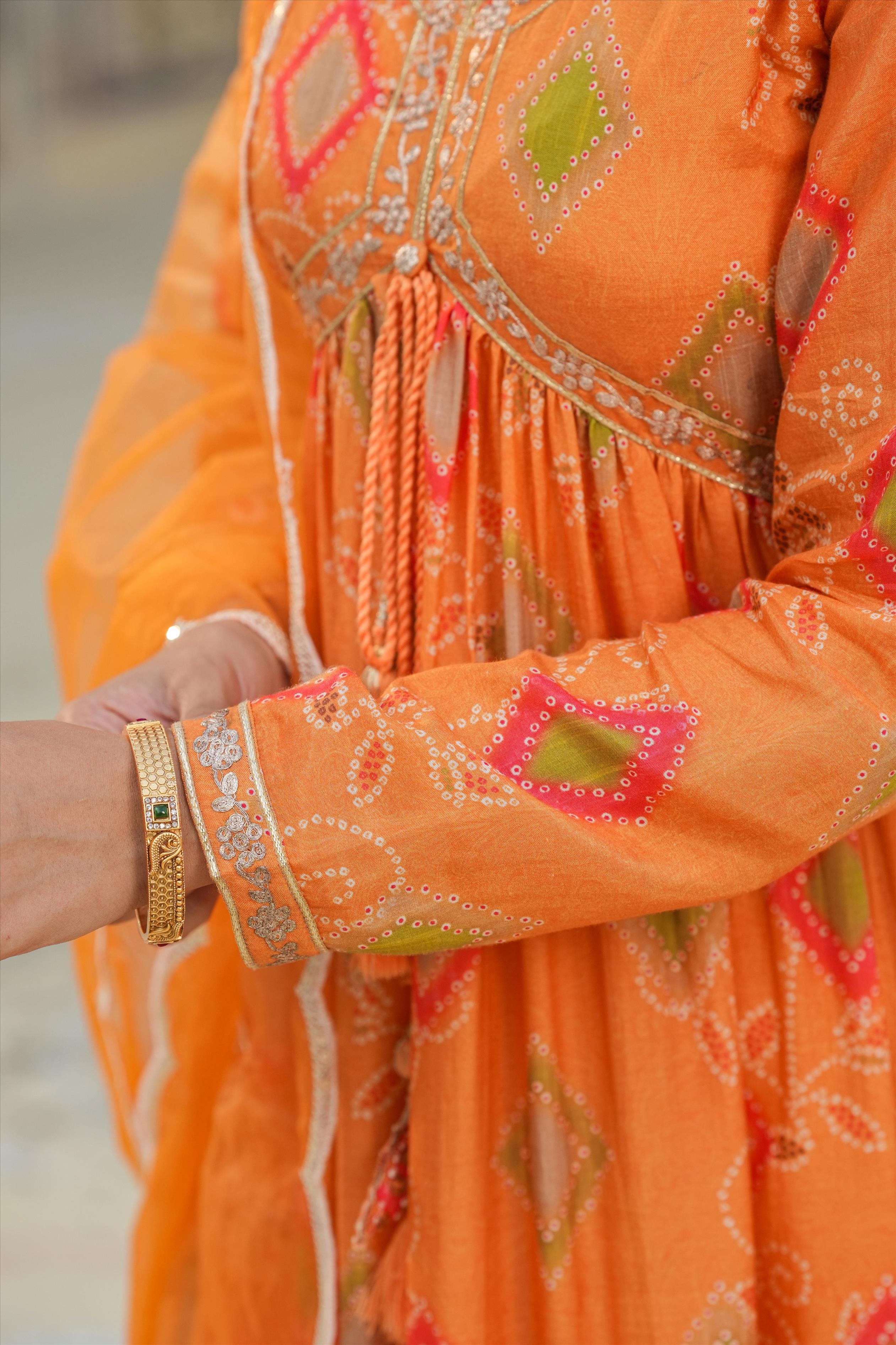 Mustard Muslin Silk Bandhani Print Gathered Ethnic Dress With Organza Dupatta
