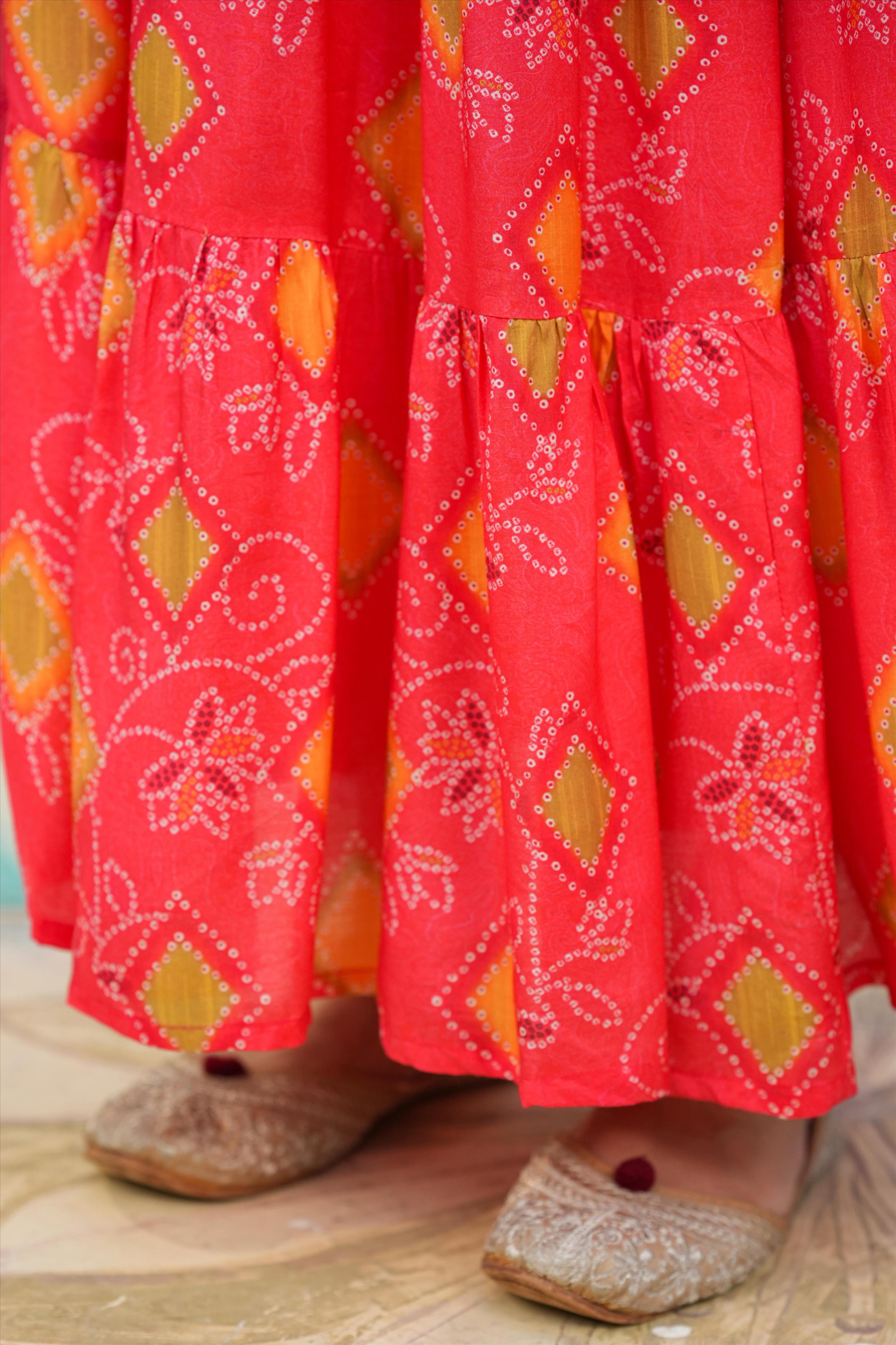 Orange Muslin Silk Bandhani Print Gathered Ethnic Dress With Organza Dupatta