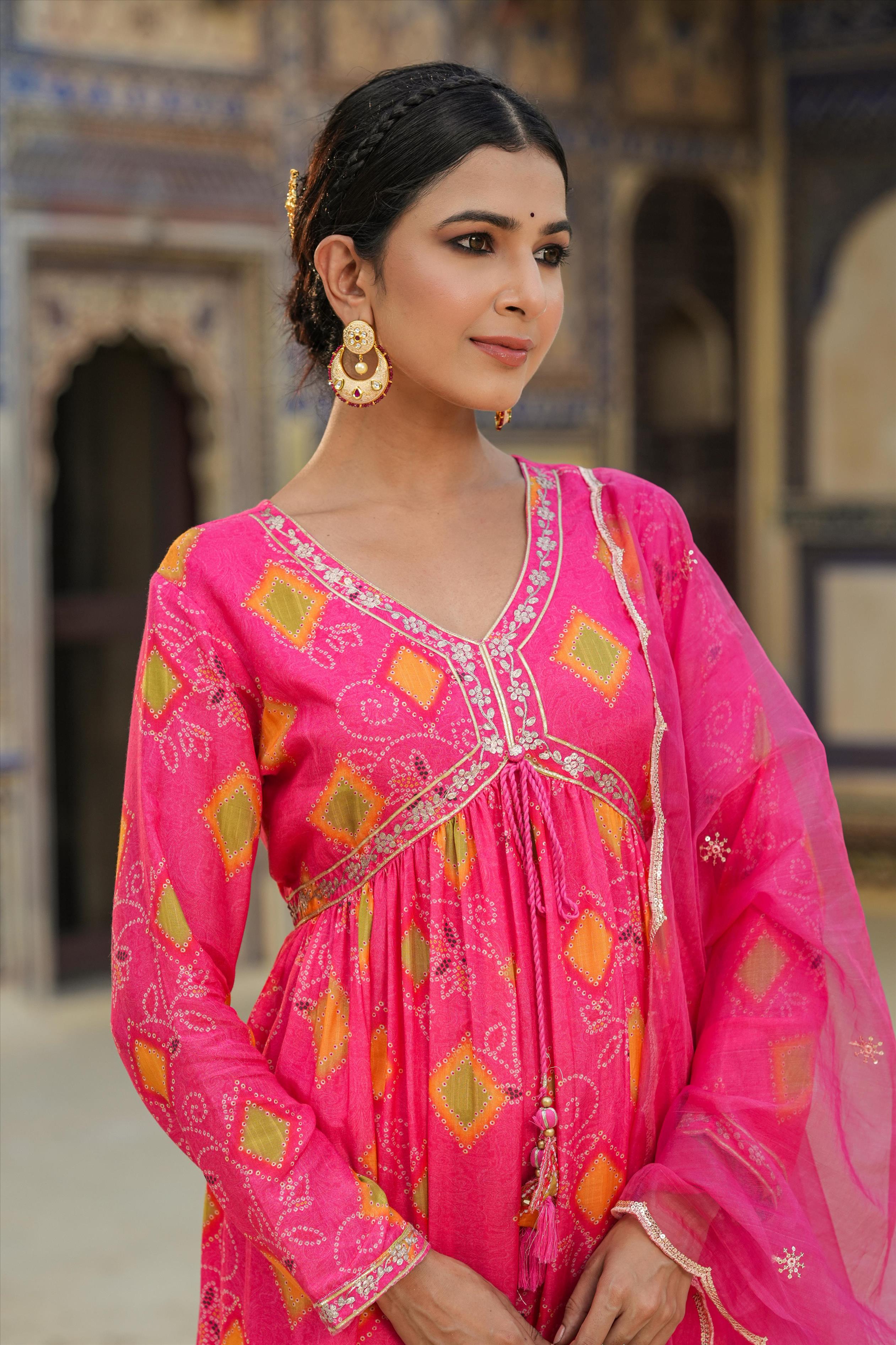 Pink Muslin Silk Bandhani Print Gathered Ethnic Dress With Organza Dupatta