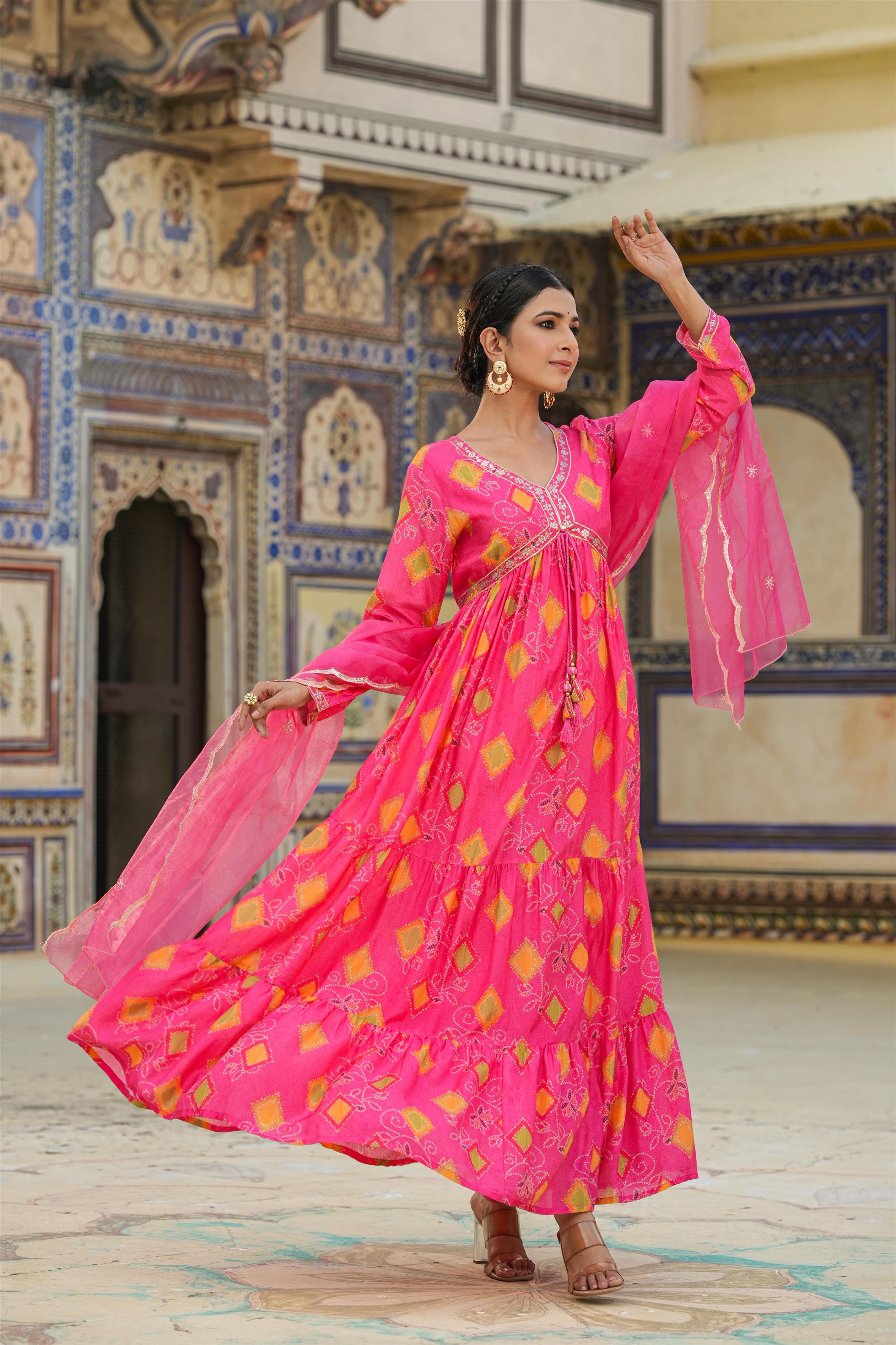 Pink Muslin Silk Bandhani Print Gathered Ethnic Dress With Organza Dupatta