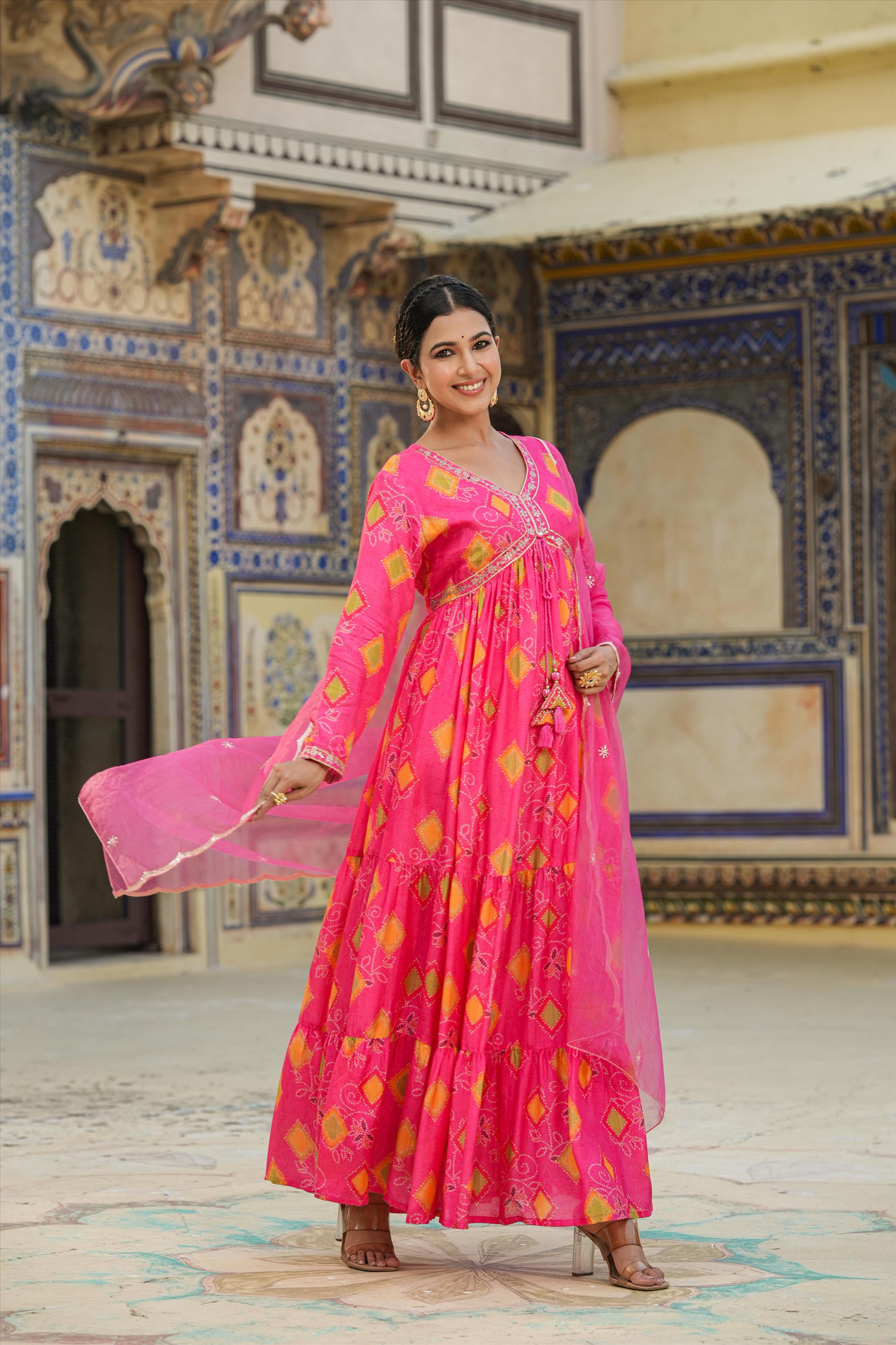 Pink Muslin Silk Bandhani Dress With Dupatta