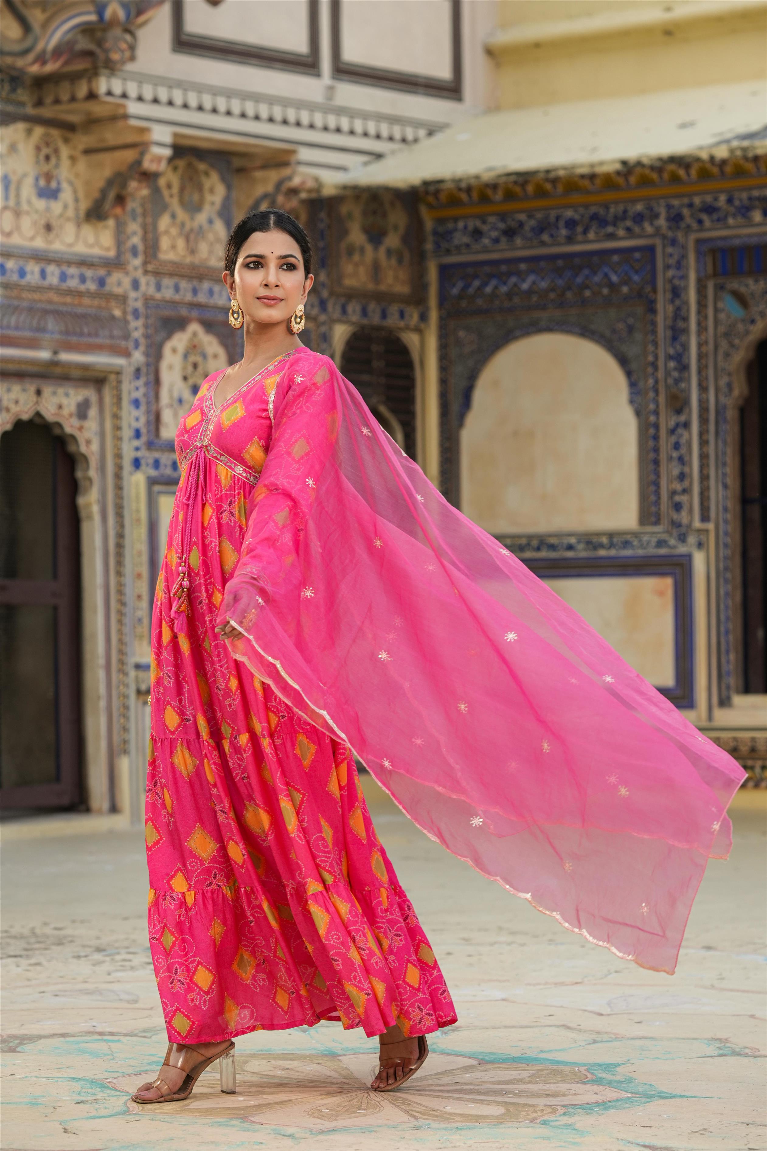 Pink Muslin Silk Bandhani Dress With Dupatta