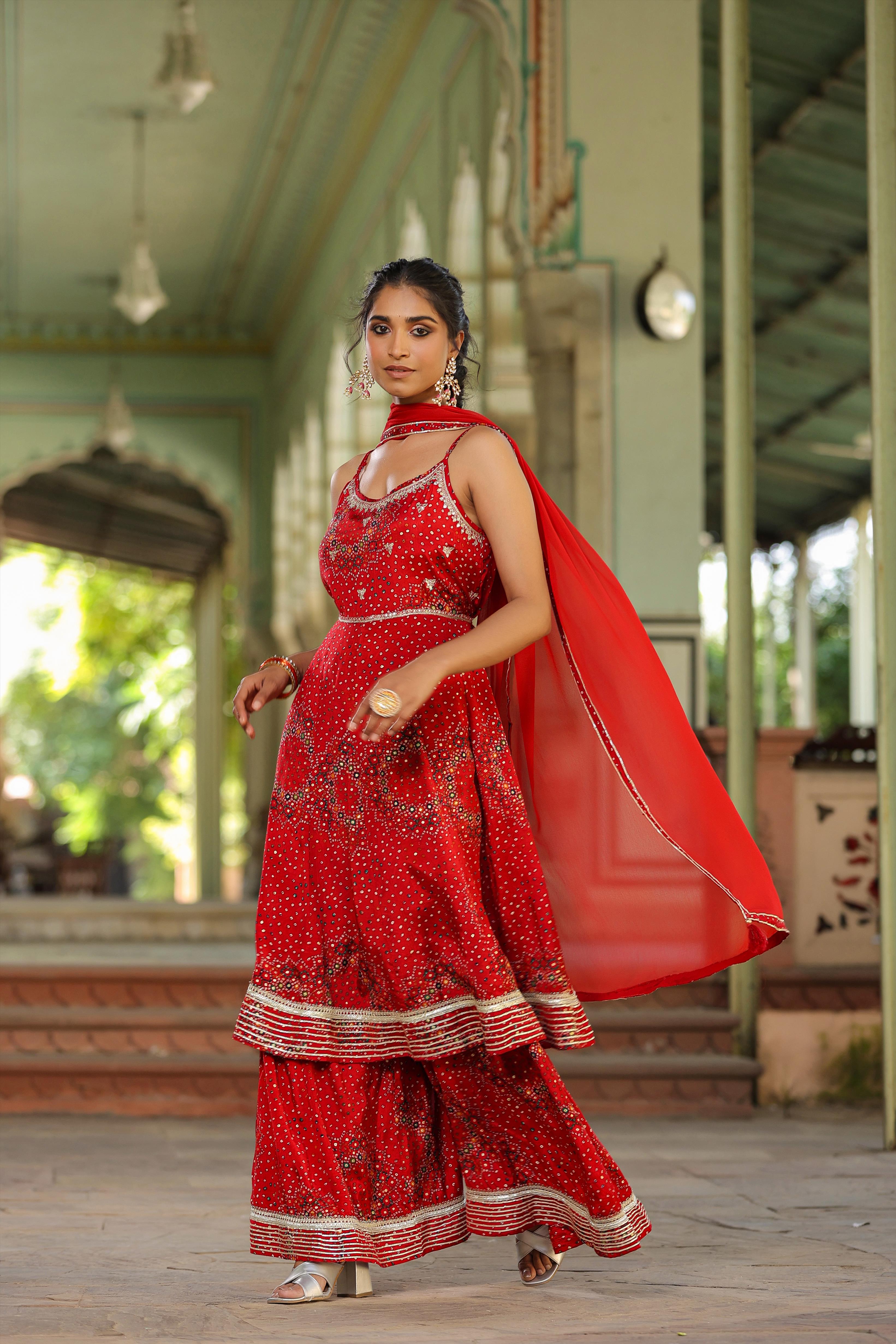 Red Lenzing Silk Bandhani With Foil Print Anarkali Kurti Sharara Dupatta Set