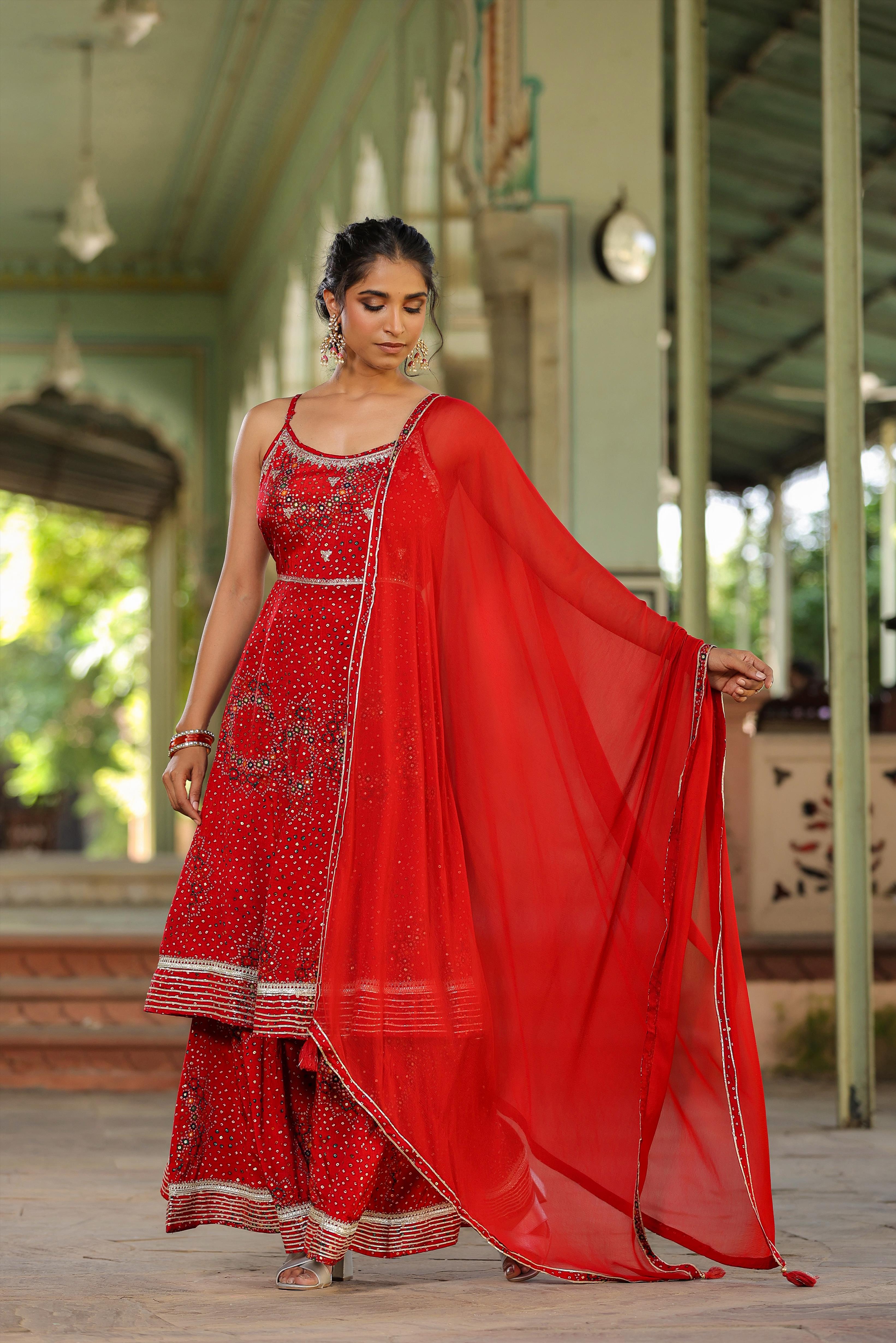 Red Lenzing Silk Bandhani With Foil Print Anarkali Kurti Sharara Dupatta Set