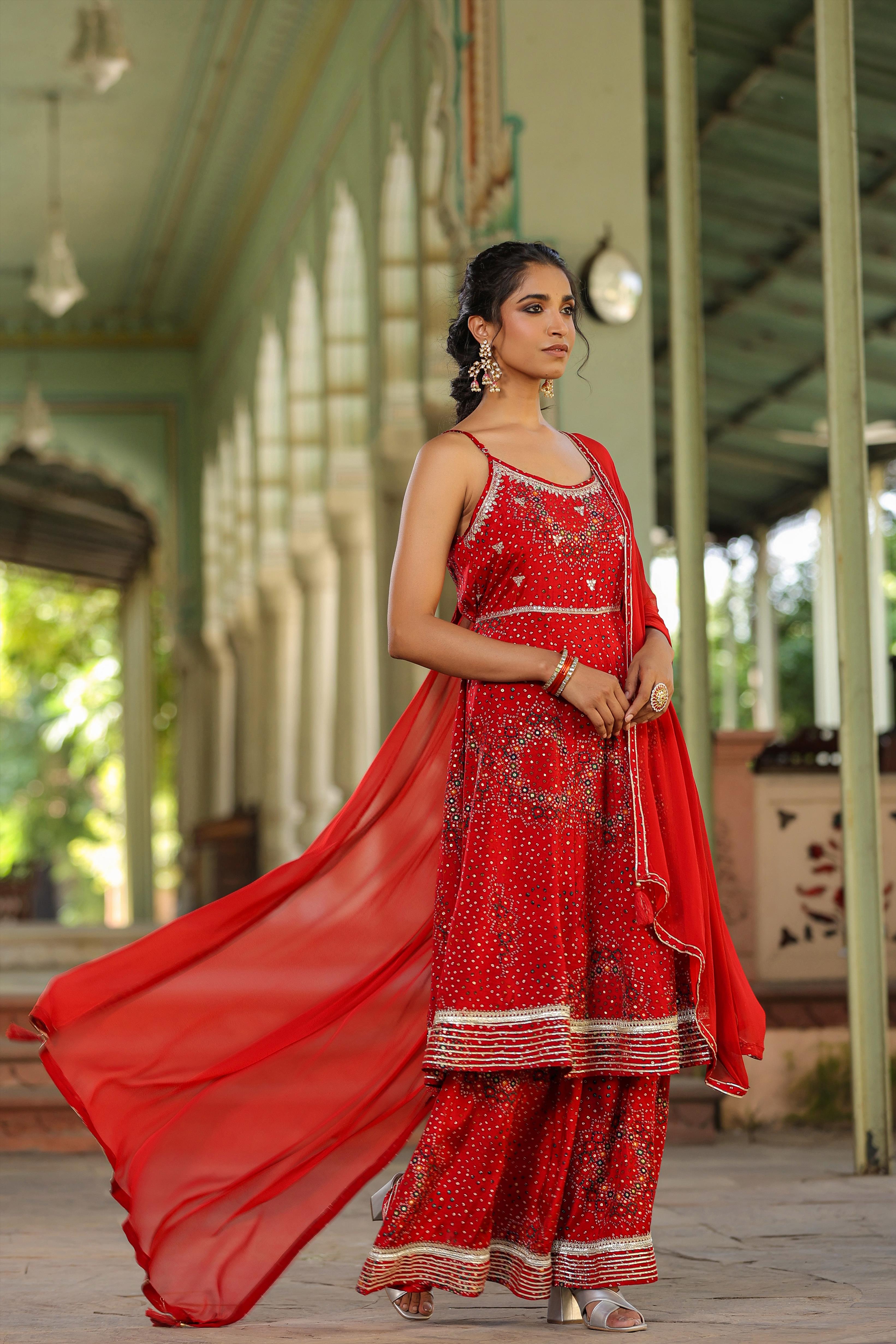 Red Lenzing Silk Bandhani Sharara Set