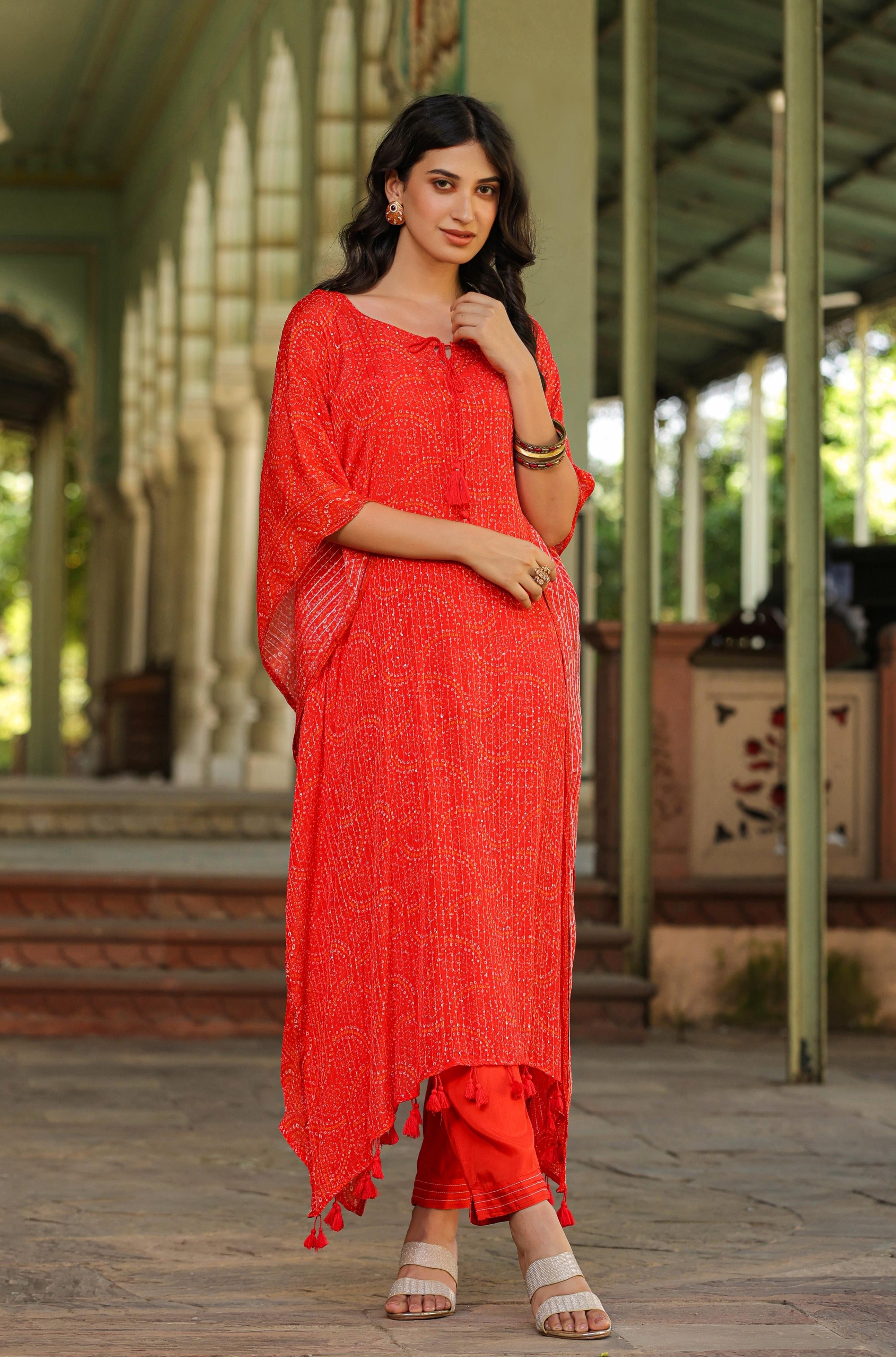 Orange Georgette Bandhani Kaftan Set