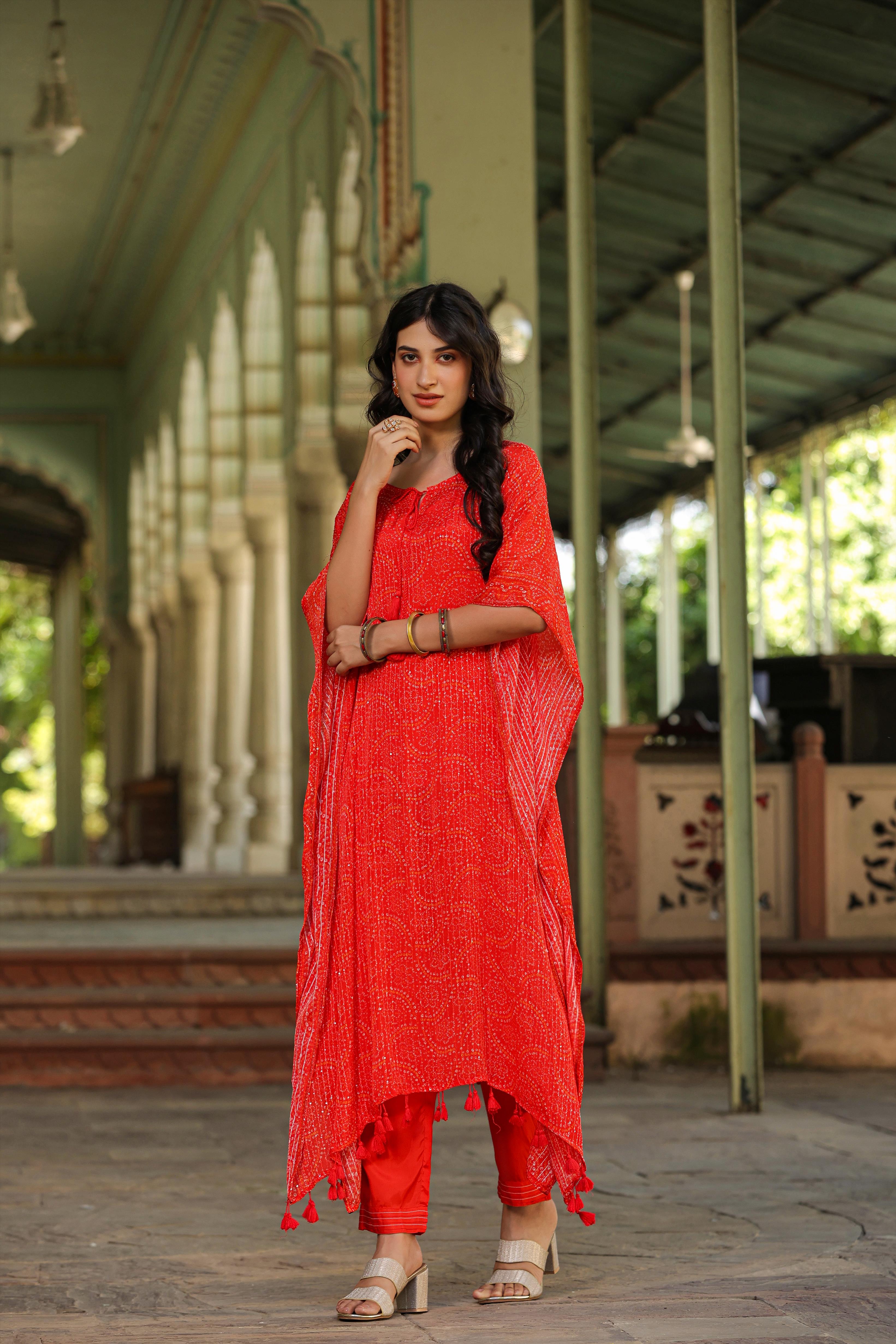 Orange Georgette Bandhani Kaftan Set