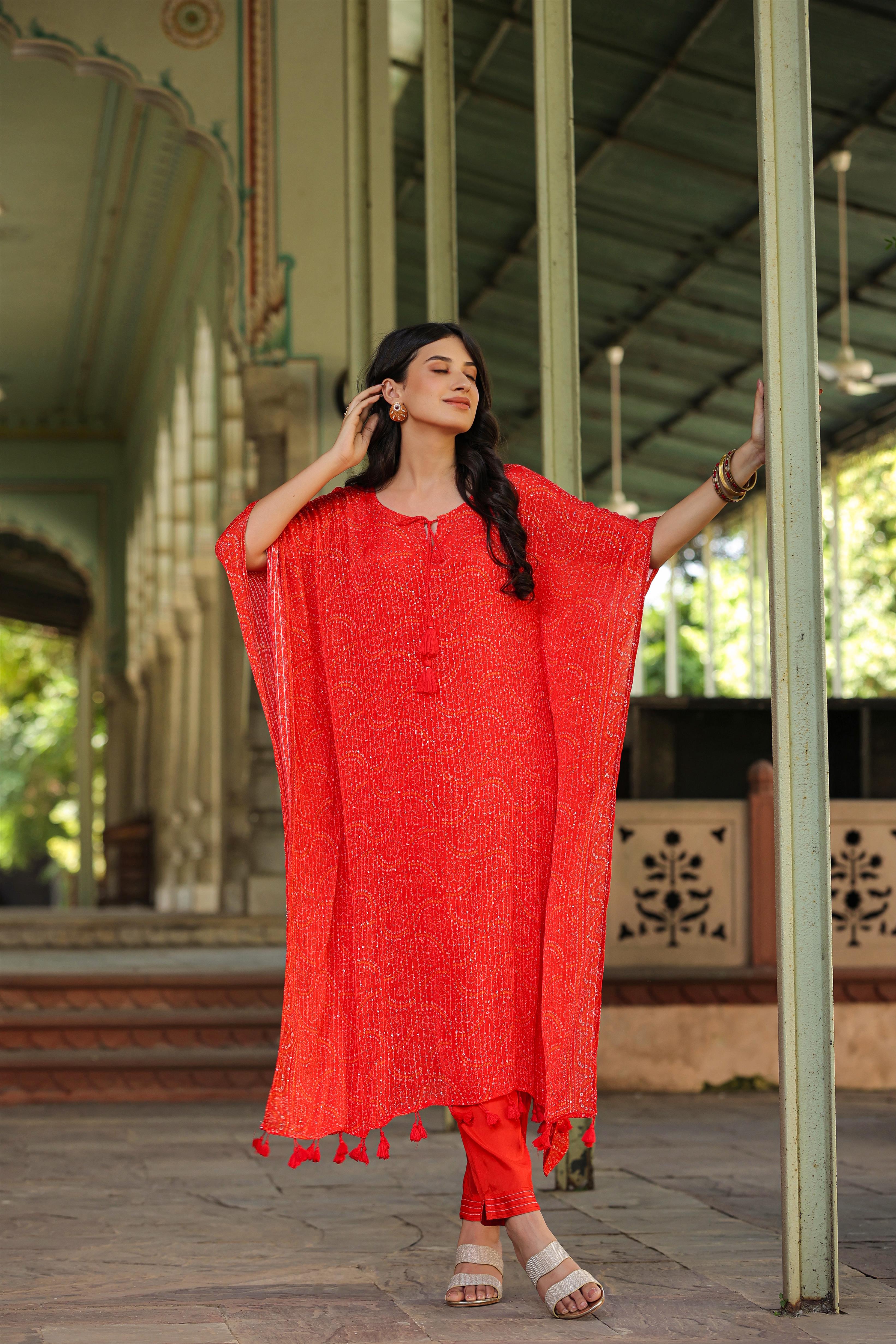 Orange Georgette Bandhani Kaftan Set