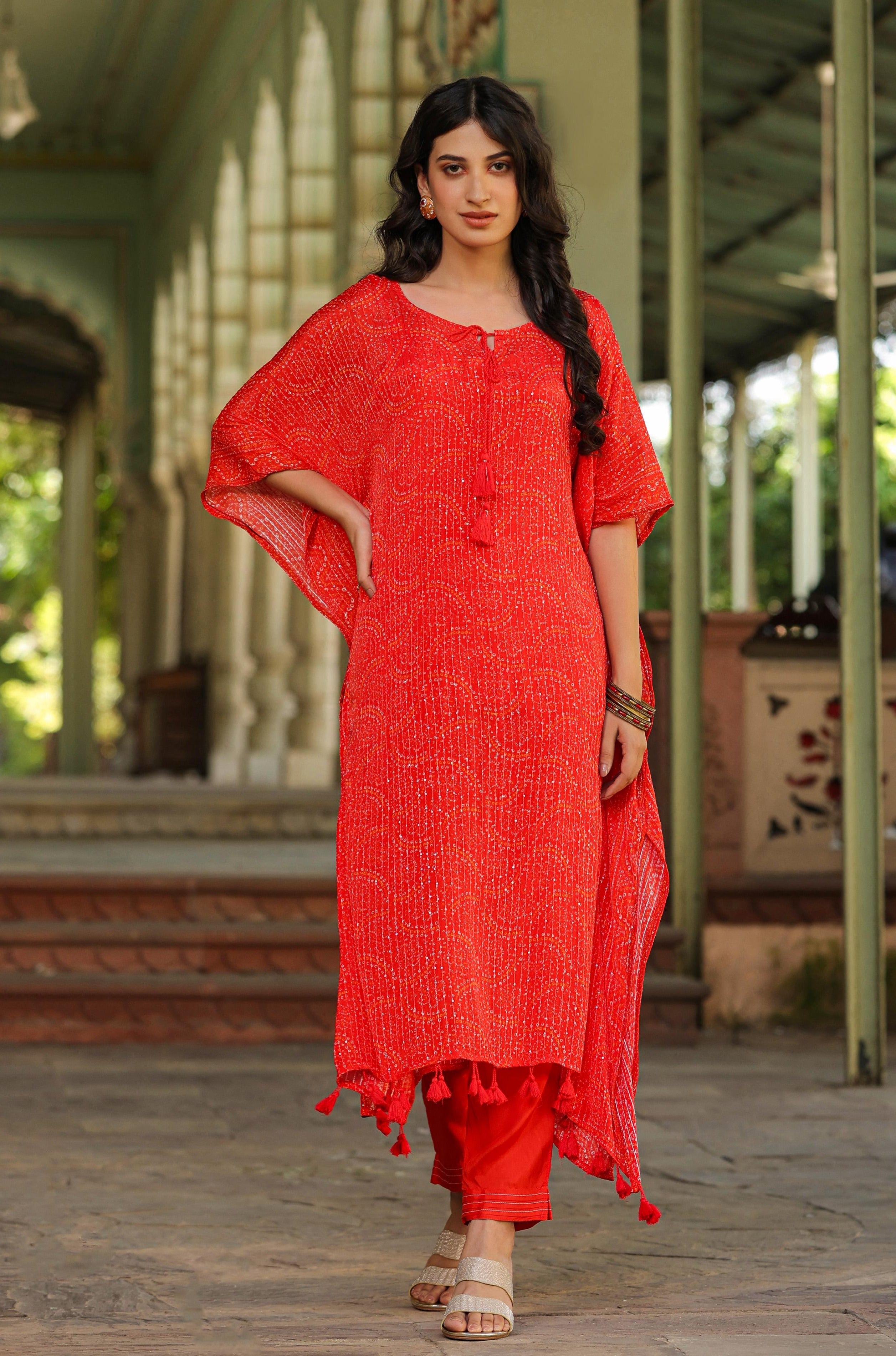 Orange Georgette Bandhani Kaftan Set