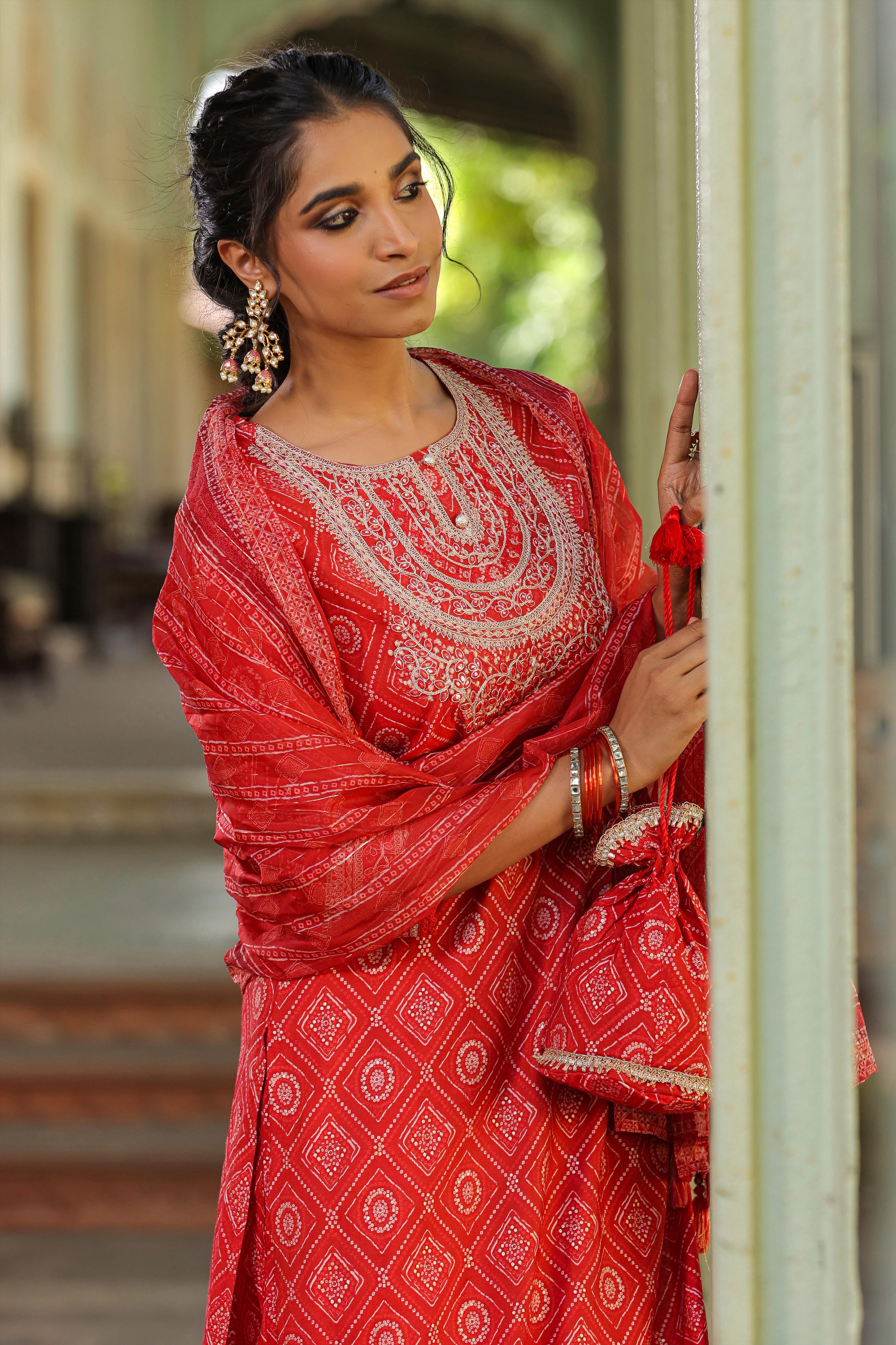 Red Modal Chanderi Bandhani Print Suit Set With Potli