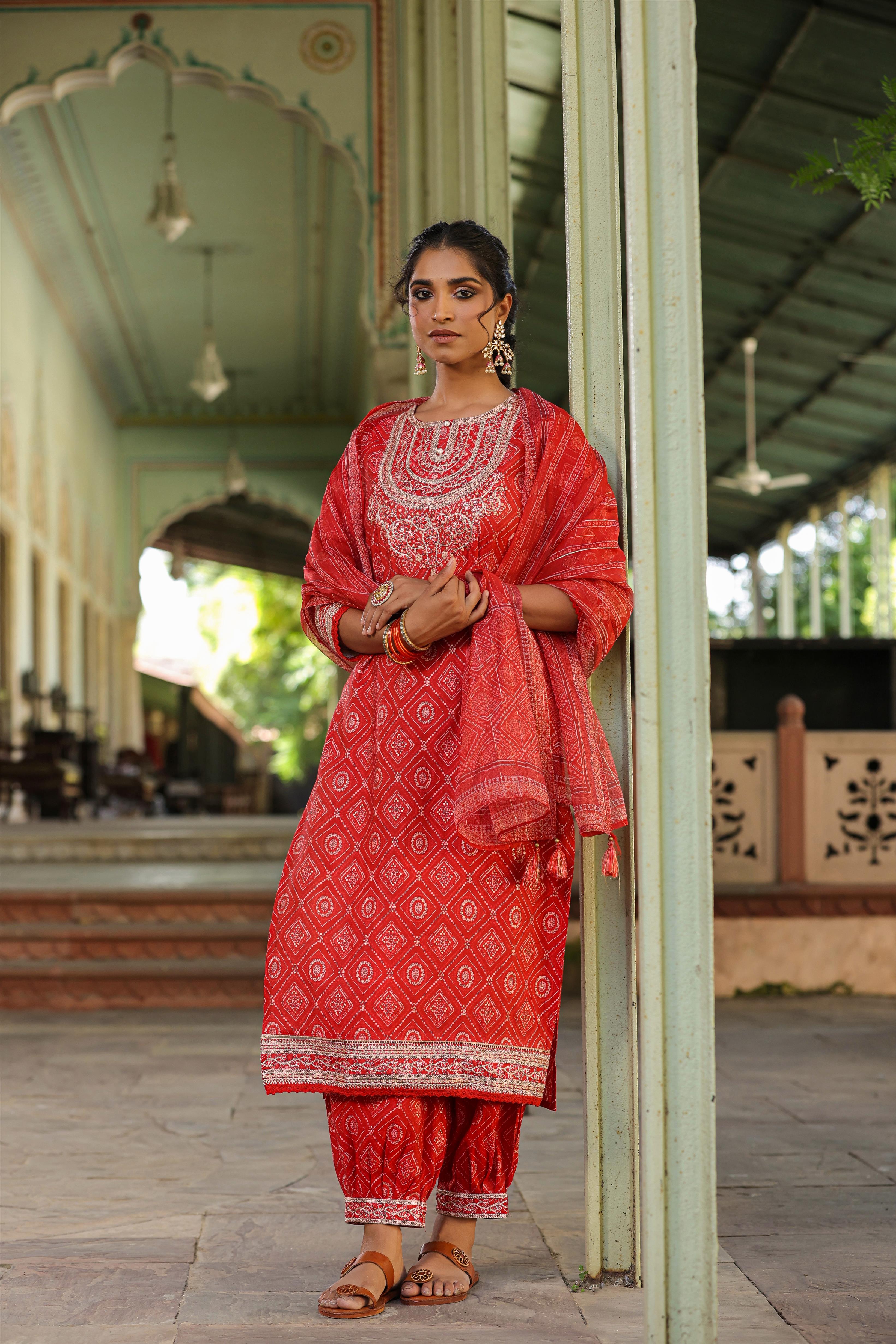 Red Modal Chanderi Bandhani Print Suit Set With Potli