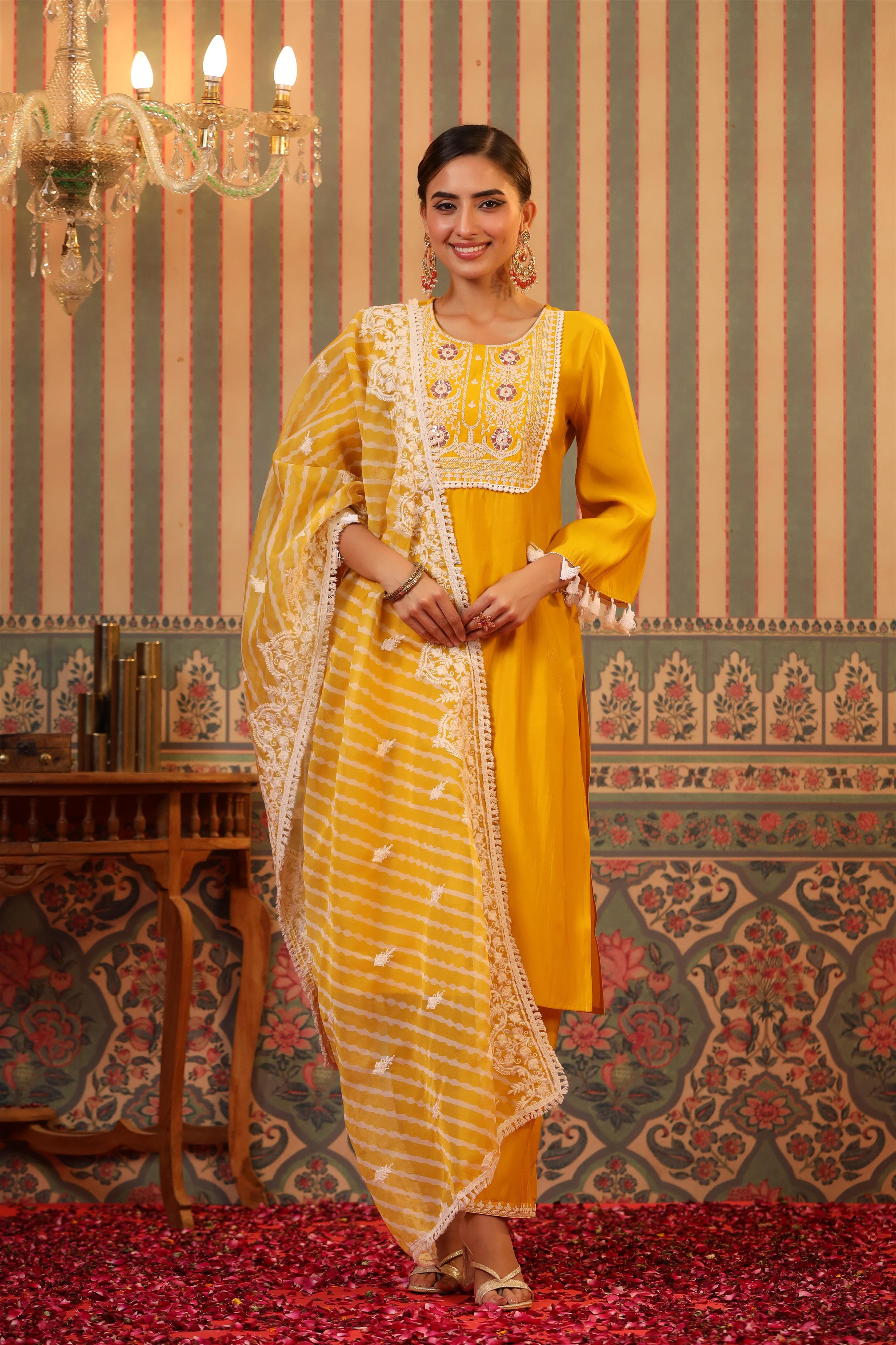 Mustard Modal Embroidered Suit Set With Organza Leheriya Dupatta