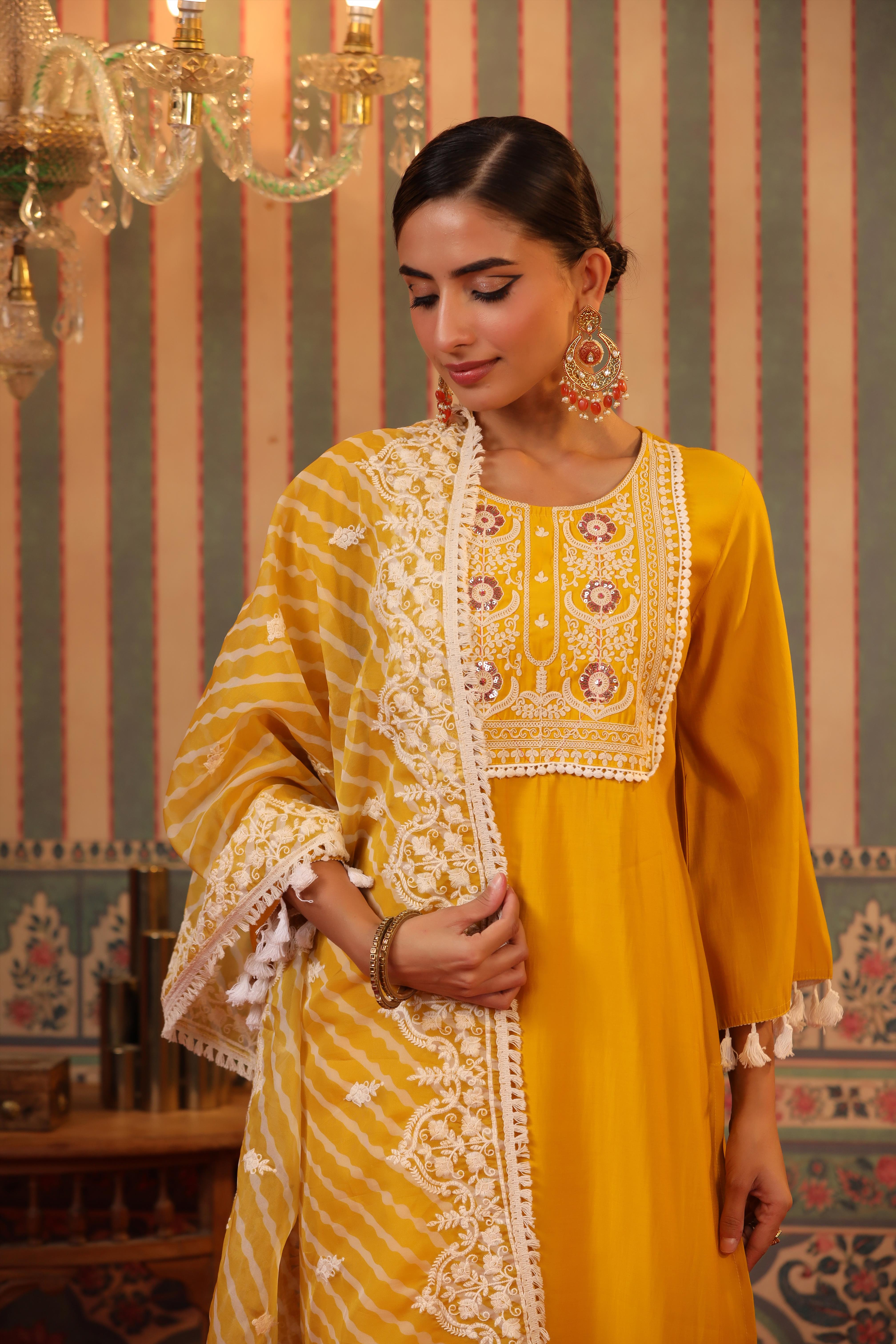 Mustard Modal Embroidered Suit Set With Organza Leheriya Dupatta