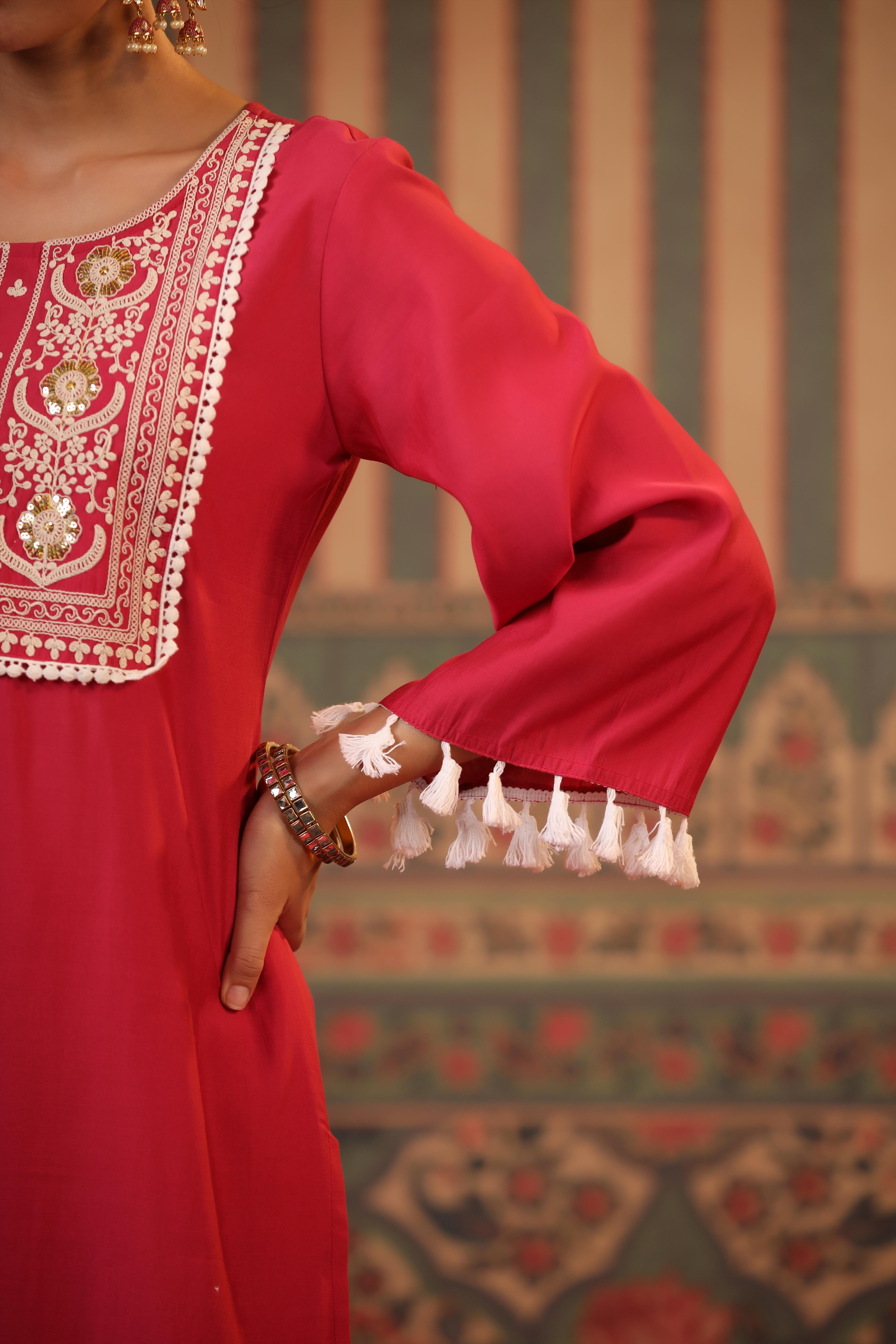 Pink Modal Embroidered Suit Set With Organza Leheriya Dupatta