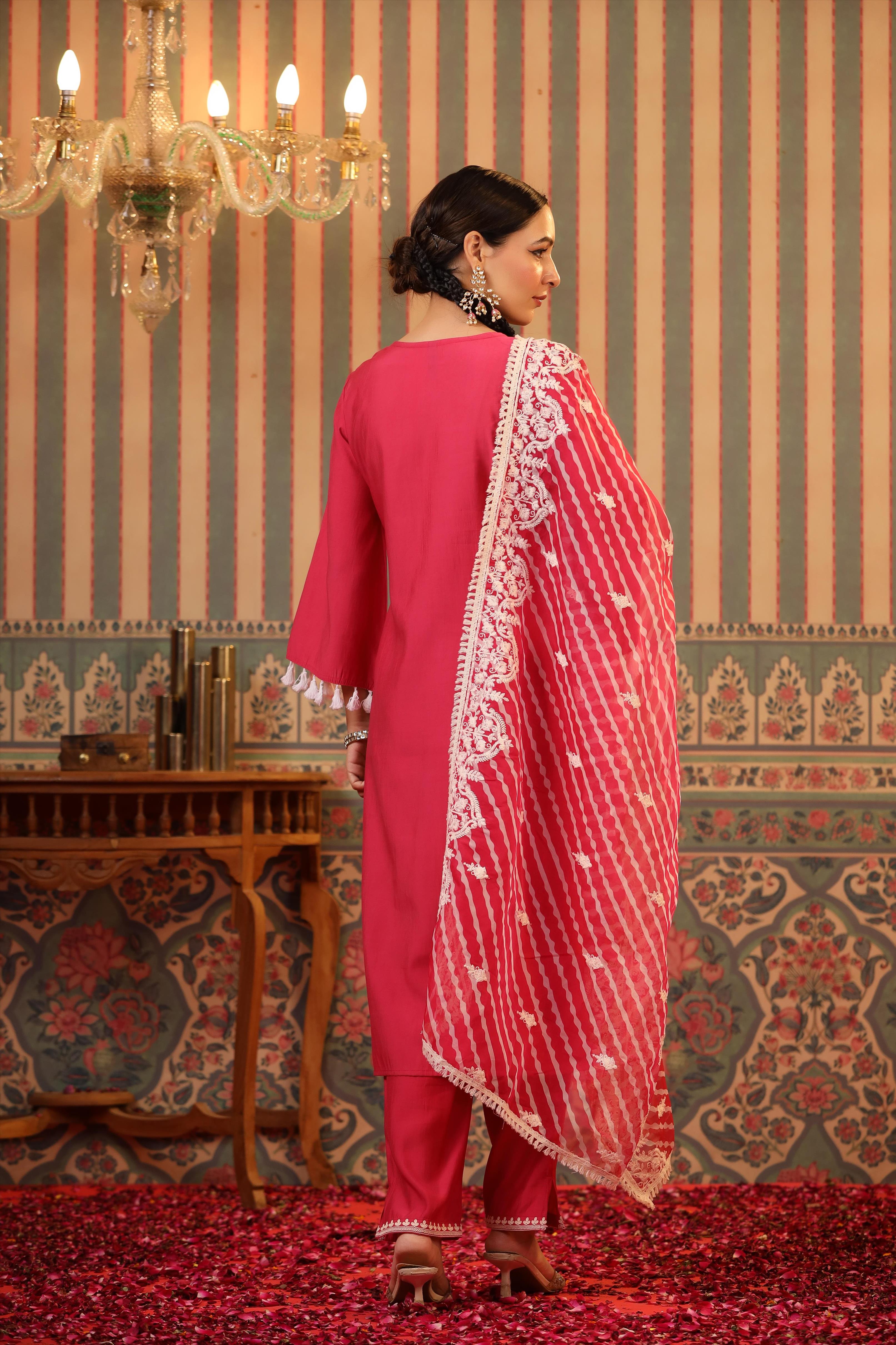 Pink Modal Embroidered Suit Set With Organza Leheriya Dupatta