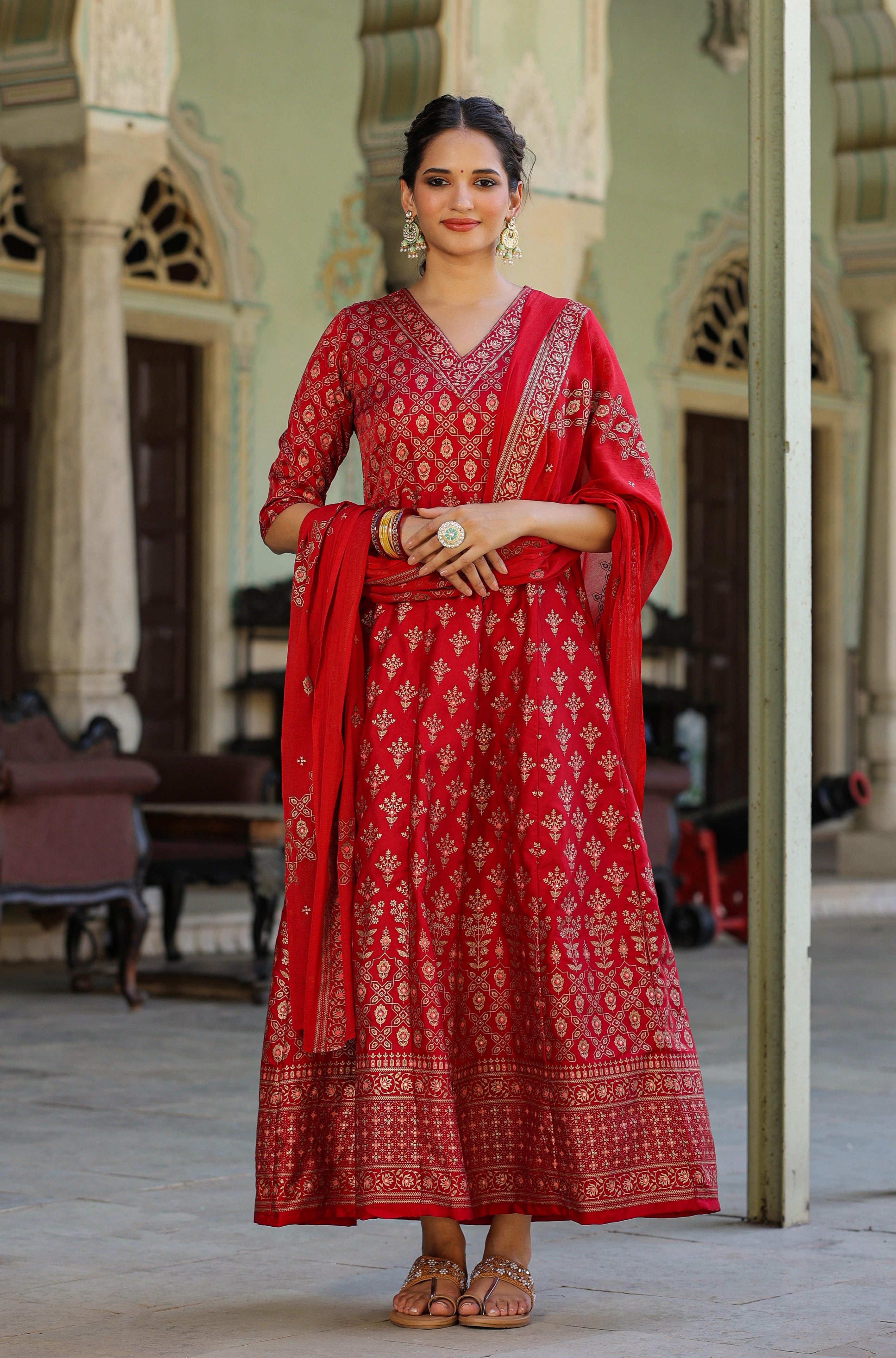 Maroon Korwaki Silk Printed Dress With Dupatta