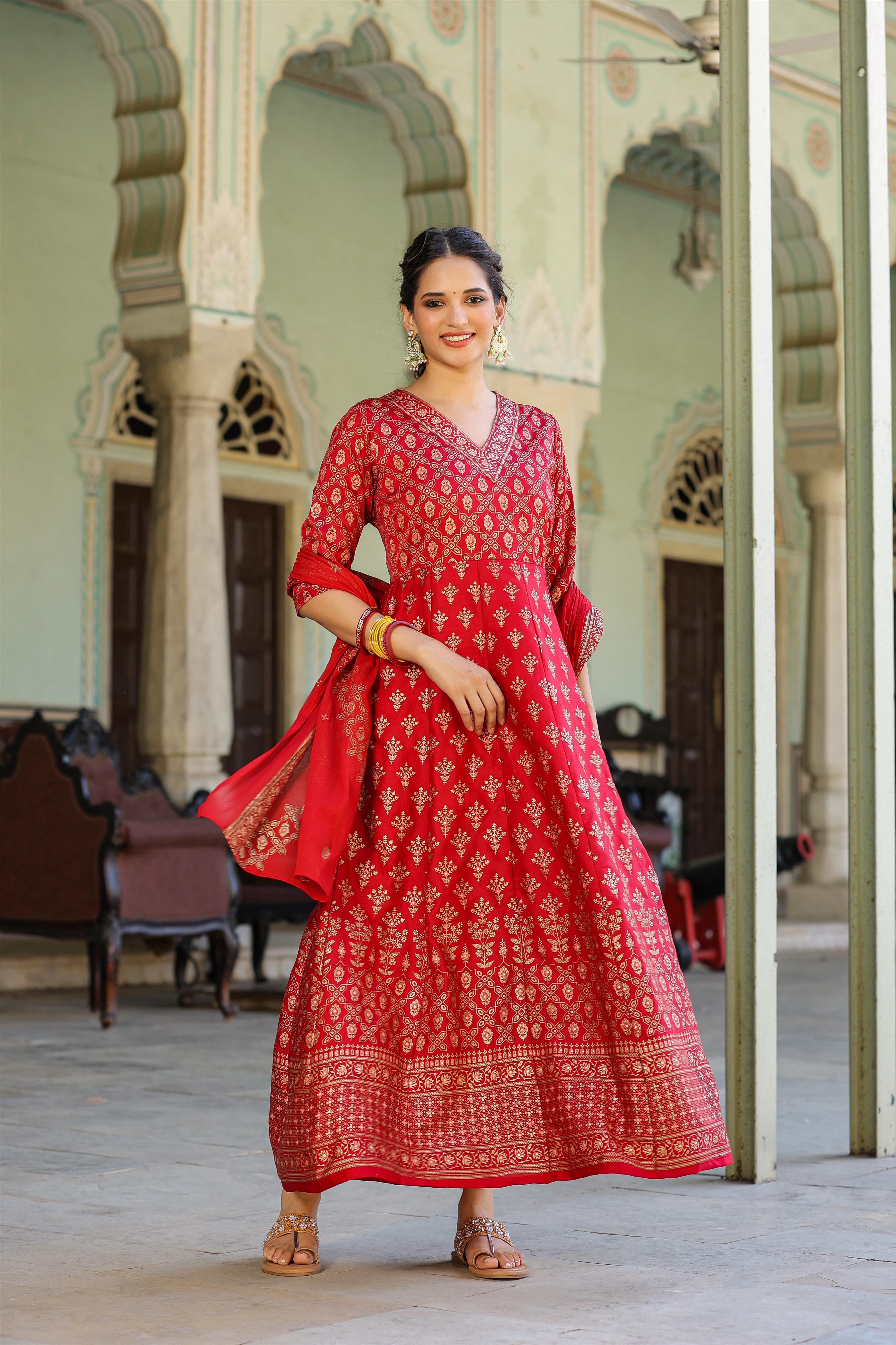 Maroon Korwaki Silk Foil Print Anarkali Ethnic Dress With Dupatta