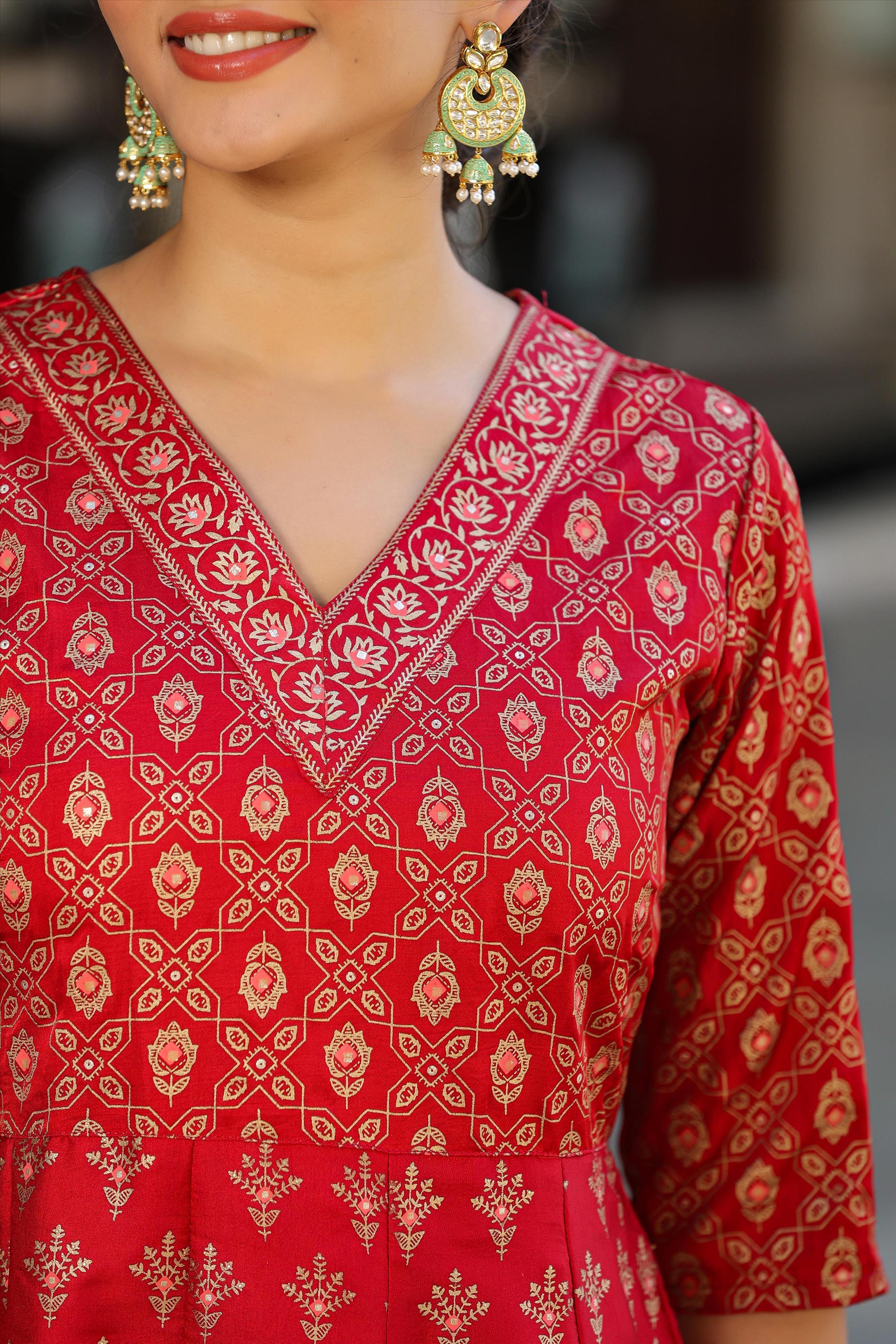 Maroon Korwaki Silk Foil Print Anarkali Ethnic Dress With Dupatta