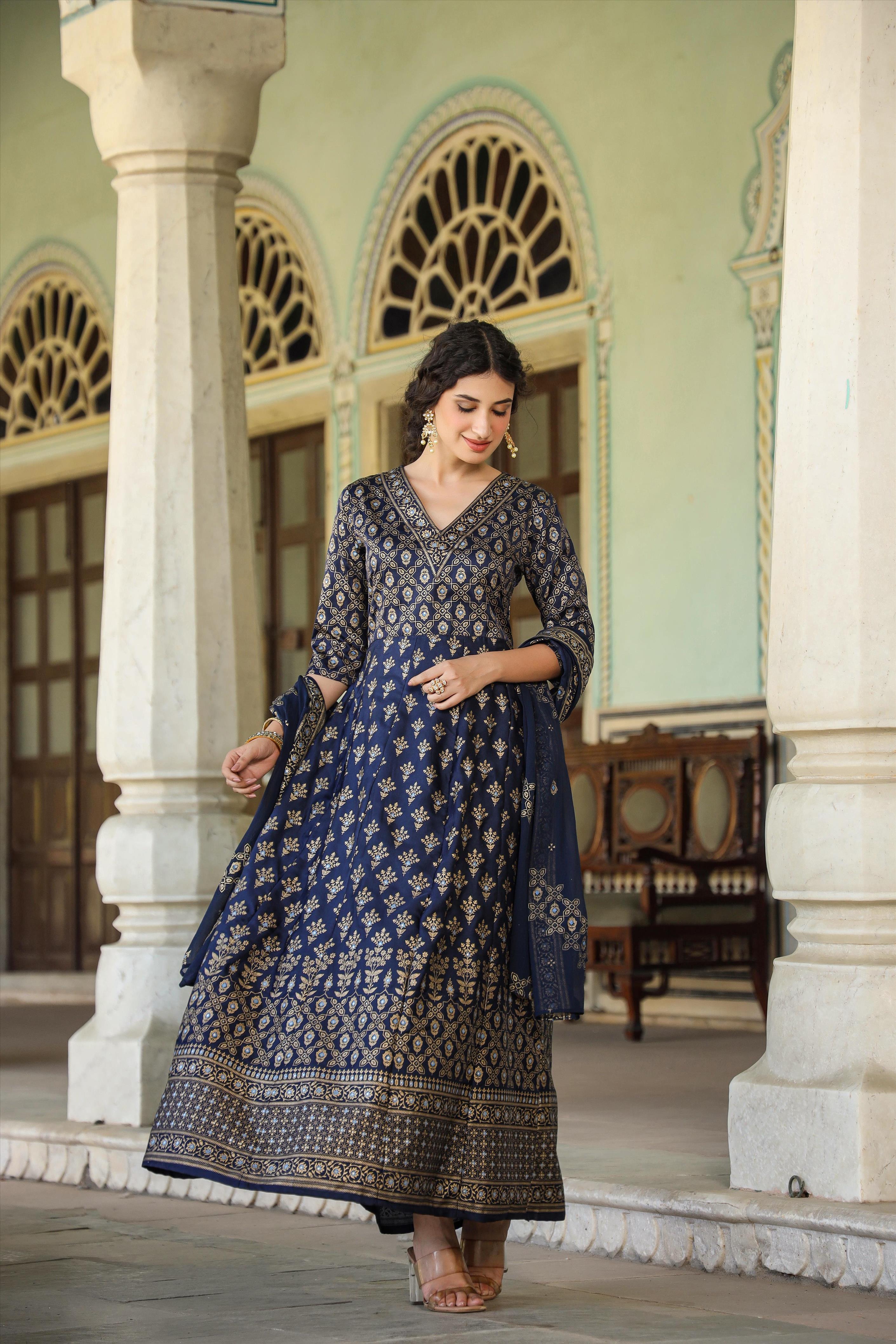 Navy Korwaki Silk Foil Print Anarkali Ethnic Dress With Dupatta