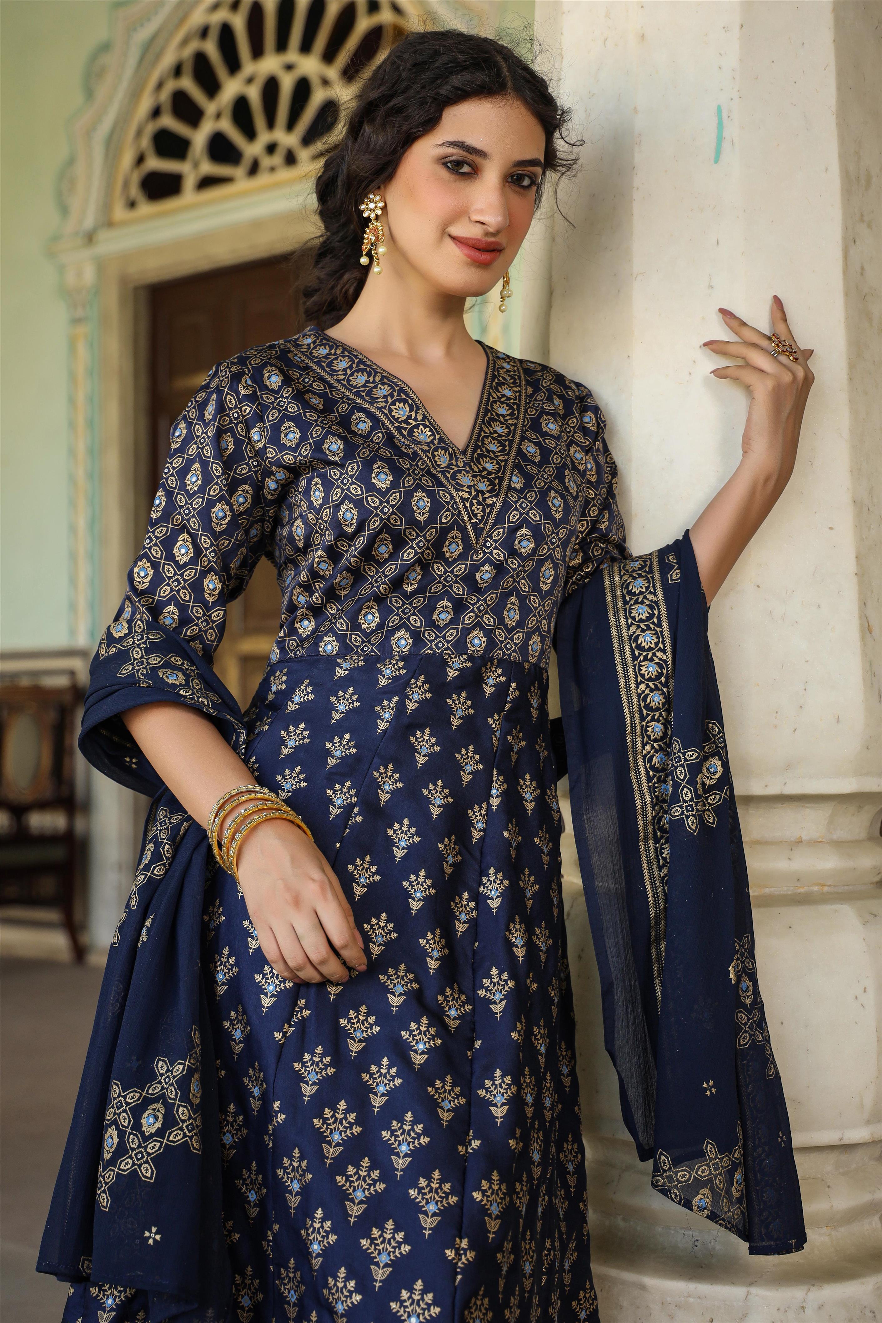 Navy Korwaki Silk Foil Print Anarkali Ethnic Dress With Dupatta