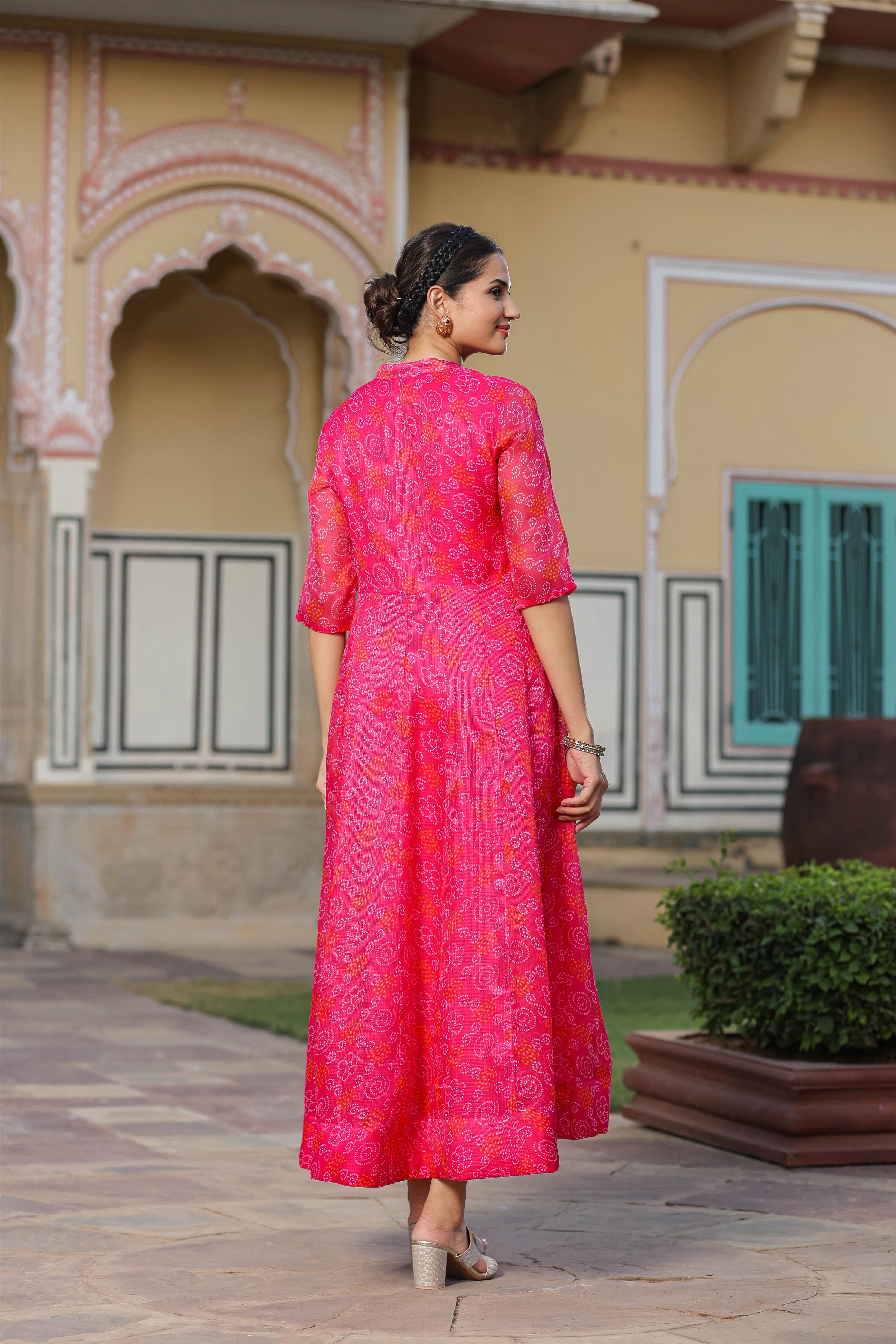 Pink Kota Doria Bandhani Anarkali Dress