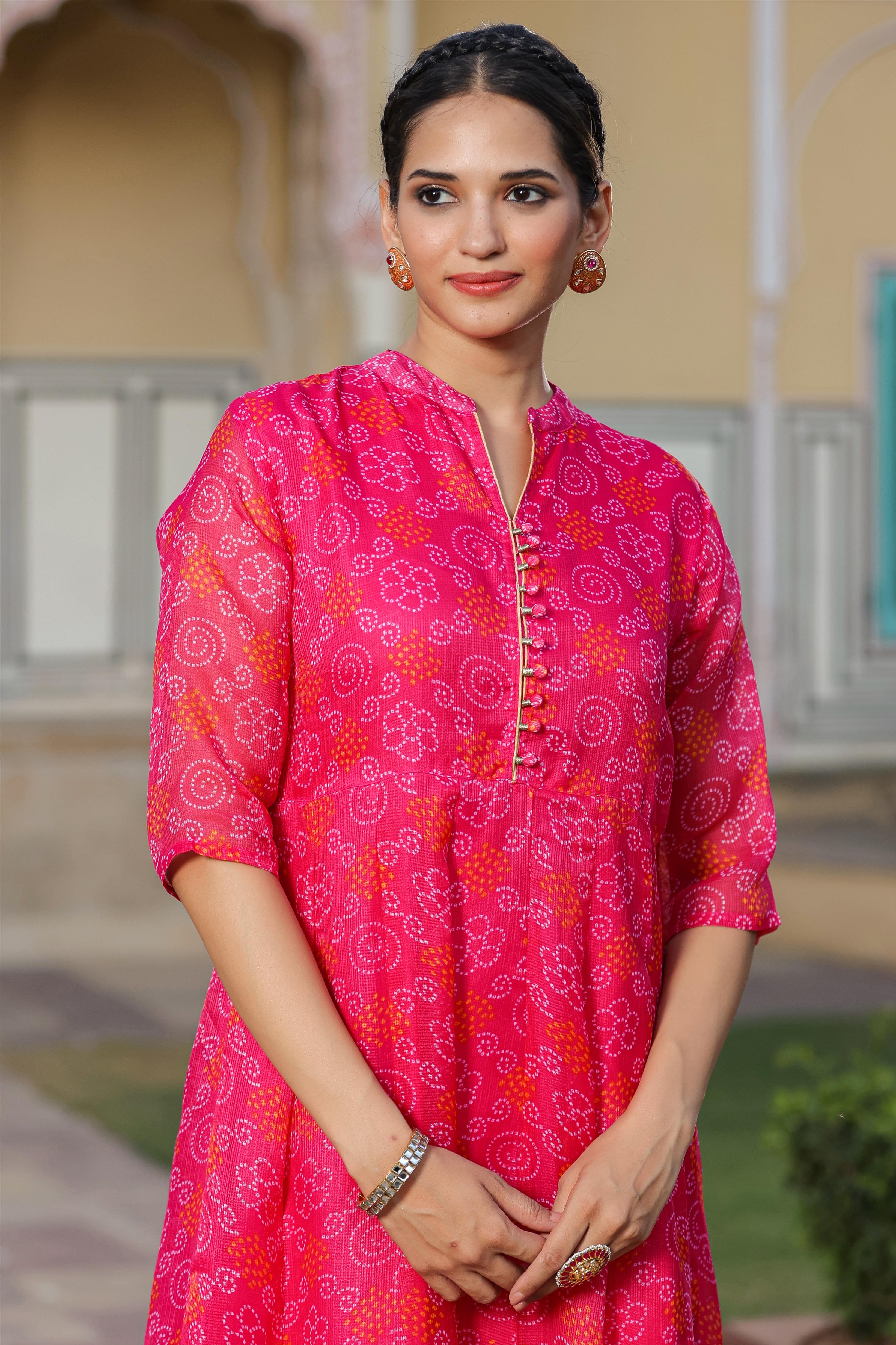 Pink Kota Doria Bandhani Print Anarkali Ethnic Dress