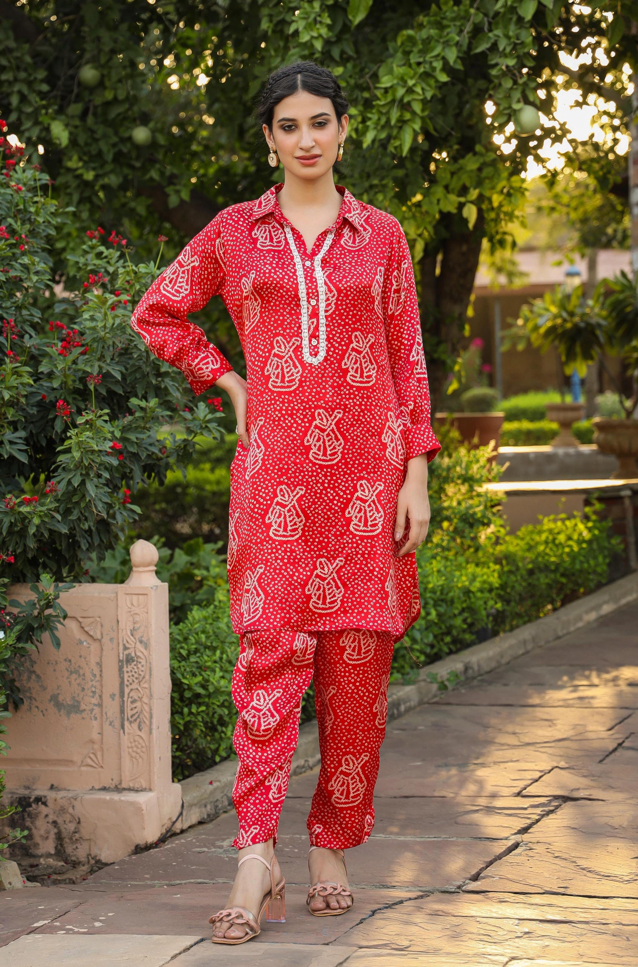 Red Gaji Silk Bandhani Print Co-Ord Set