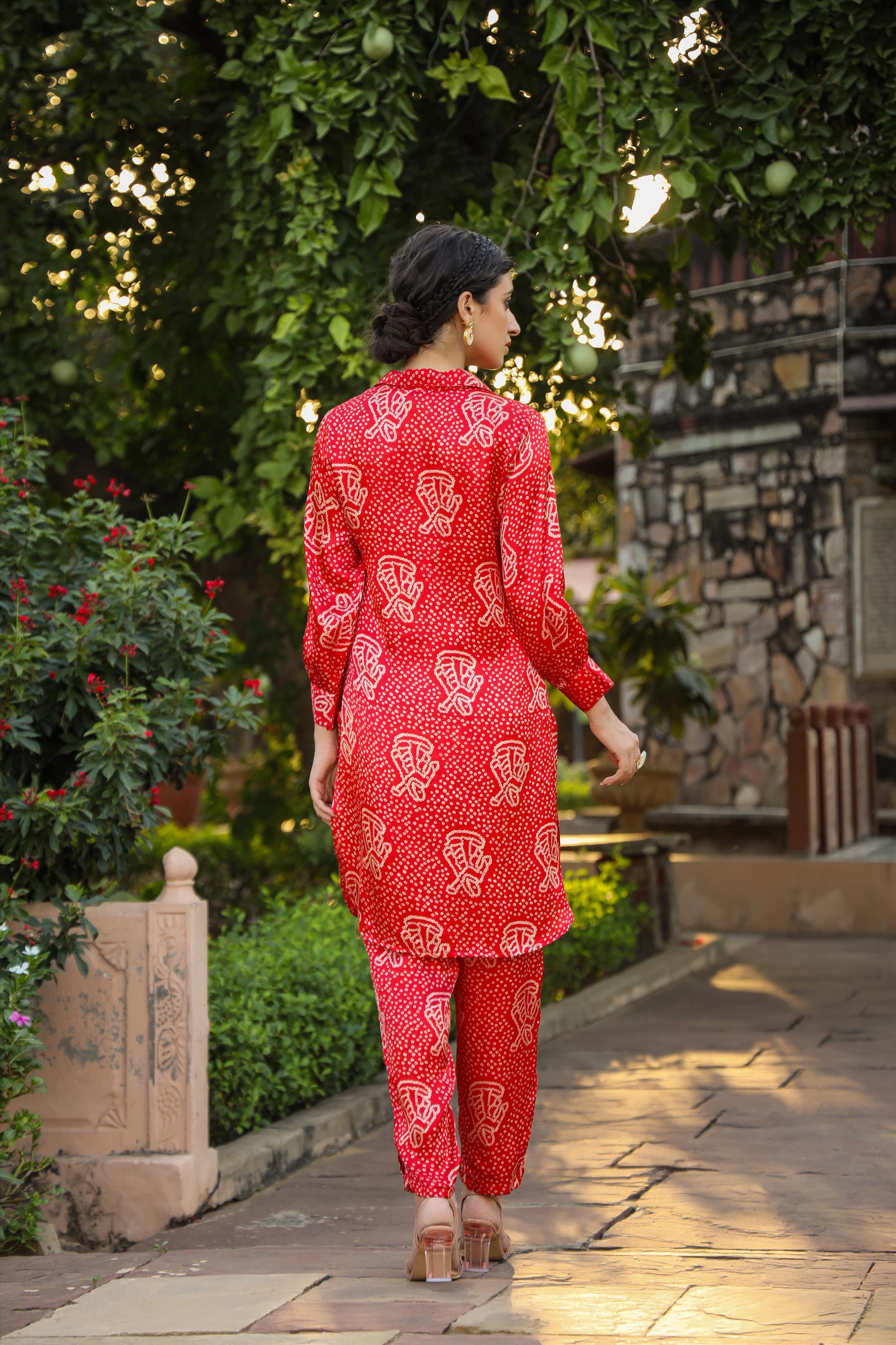 Red Gaji Silk Bandhani Print Co-Ord Set