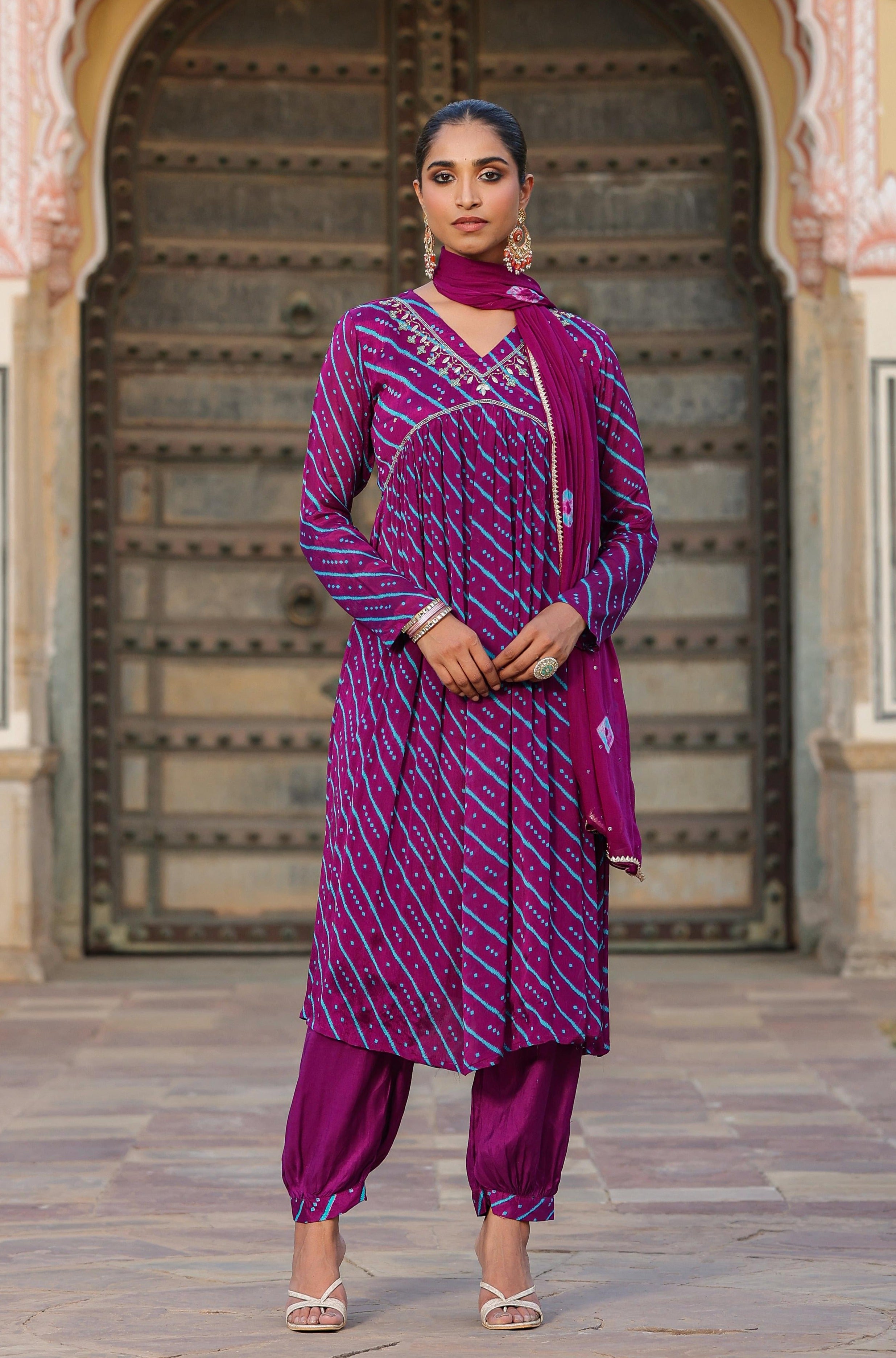 Purple Chinon Silk Bandhani Print Side Slit Kurta Patiala Dupatta Set