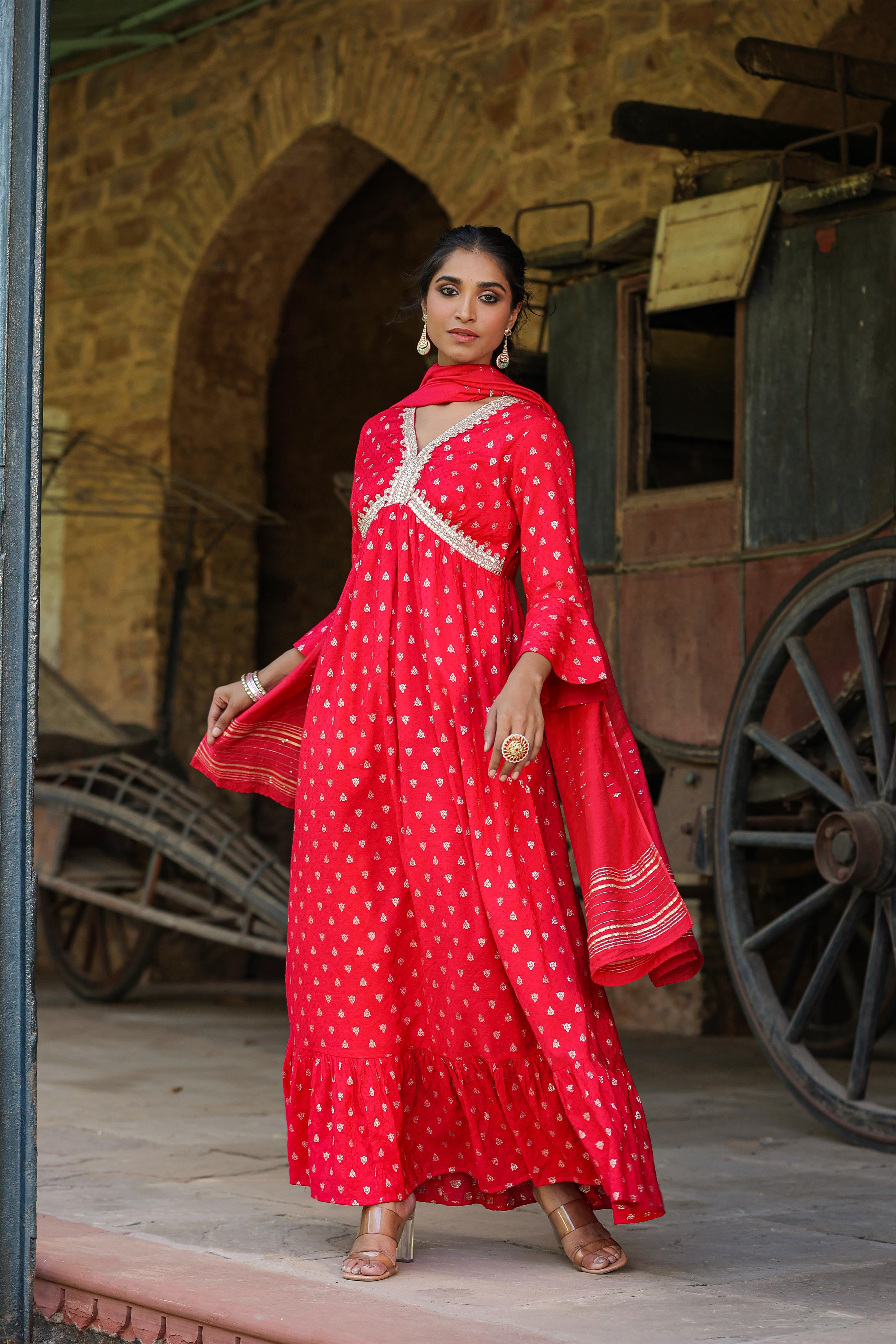 Red Cotton Jacquard Empire Ethnic Dress With Dupatta