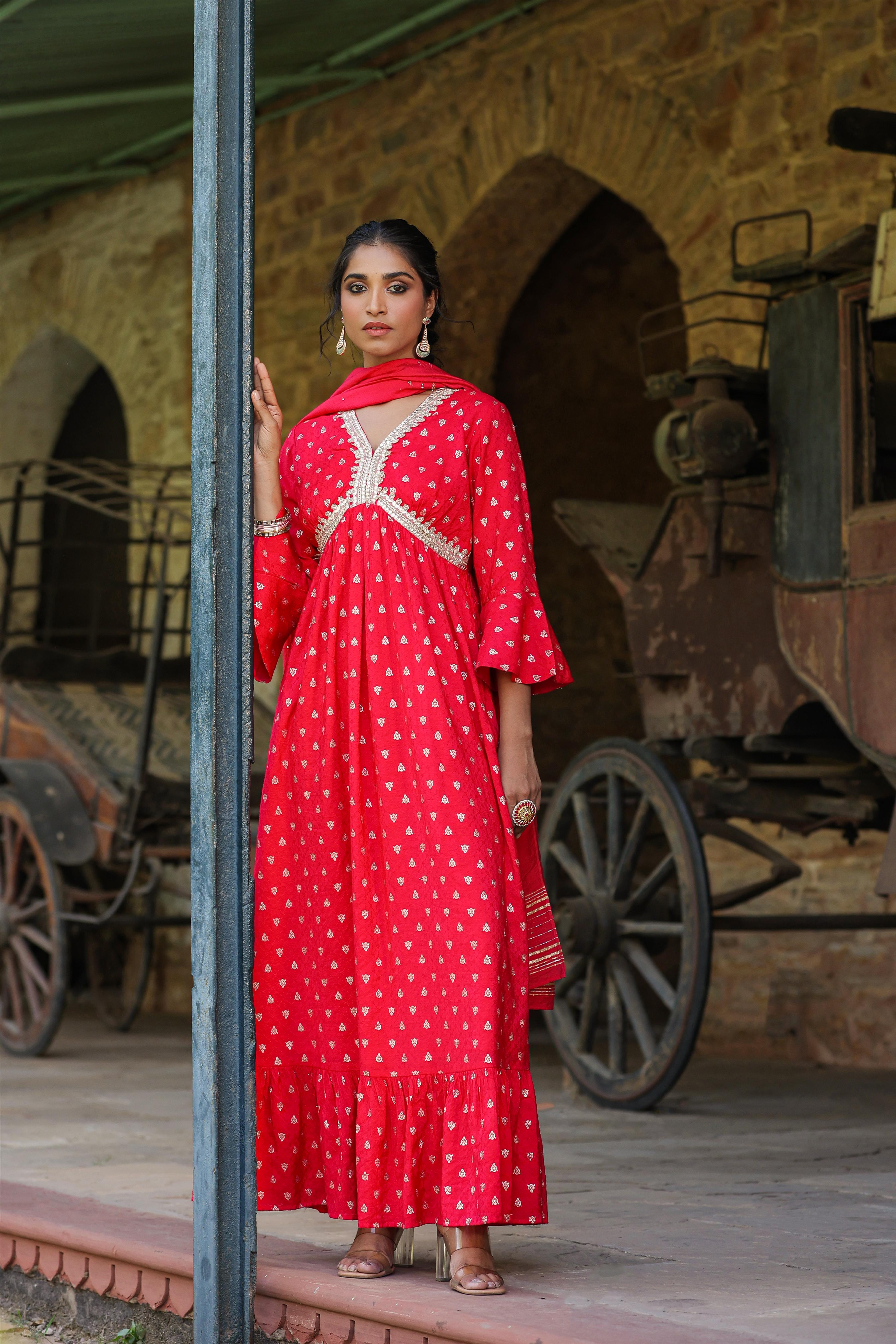 Red Cotton Jacquard Empire Ethnic Dress With Dupatta