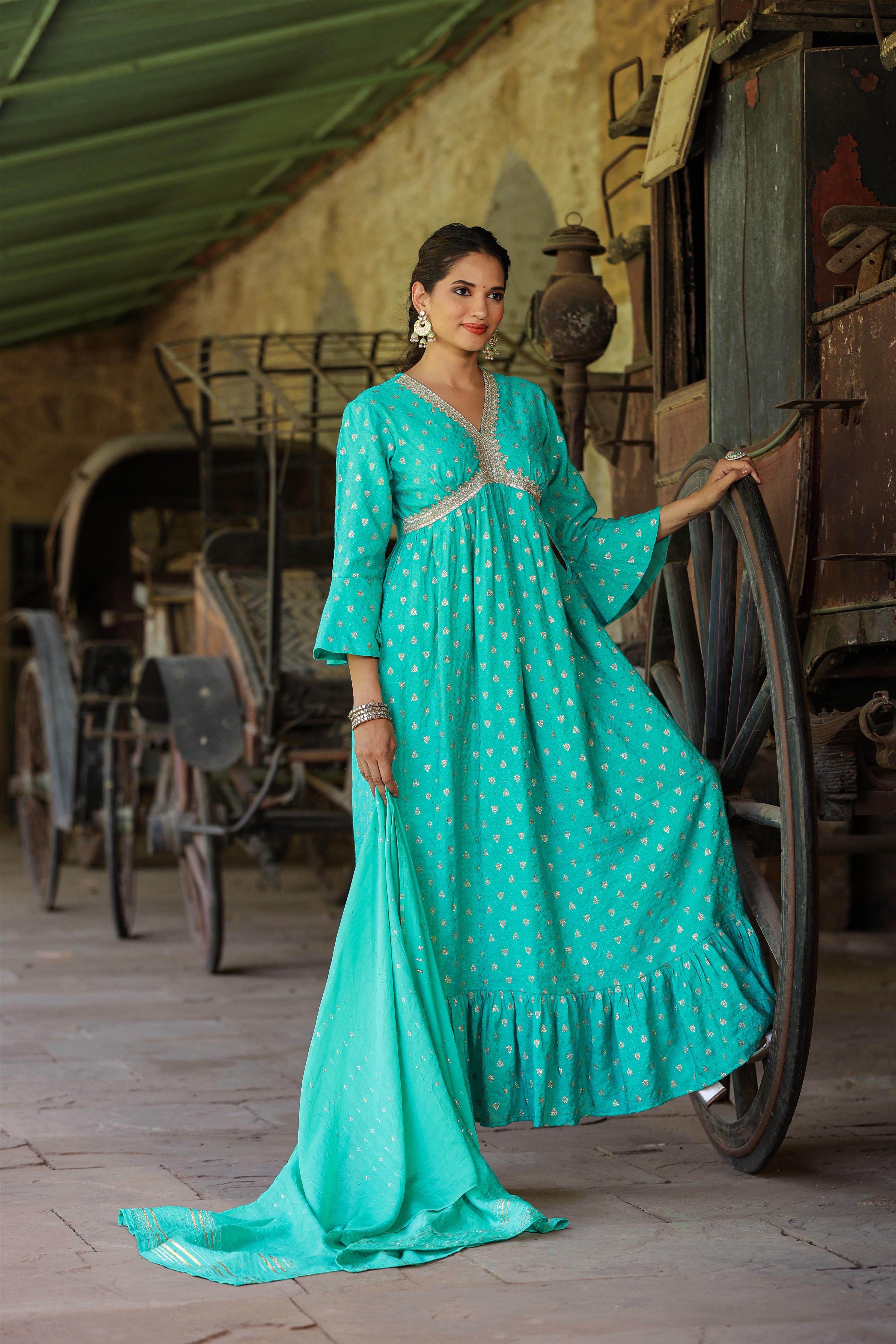 Turquoise Cotton Jacquard Empire Ethnic Dress With Dupatta