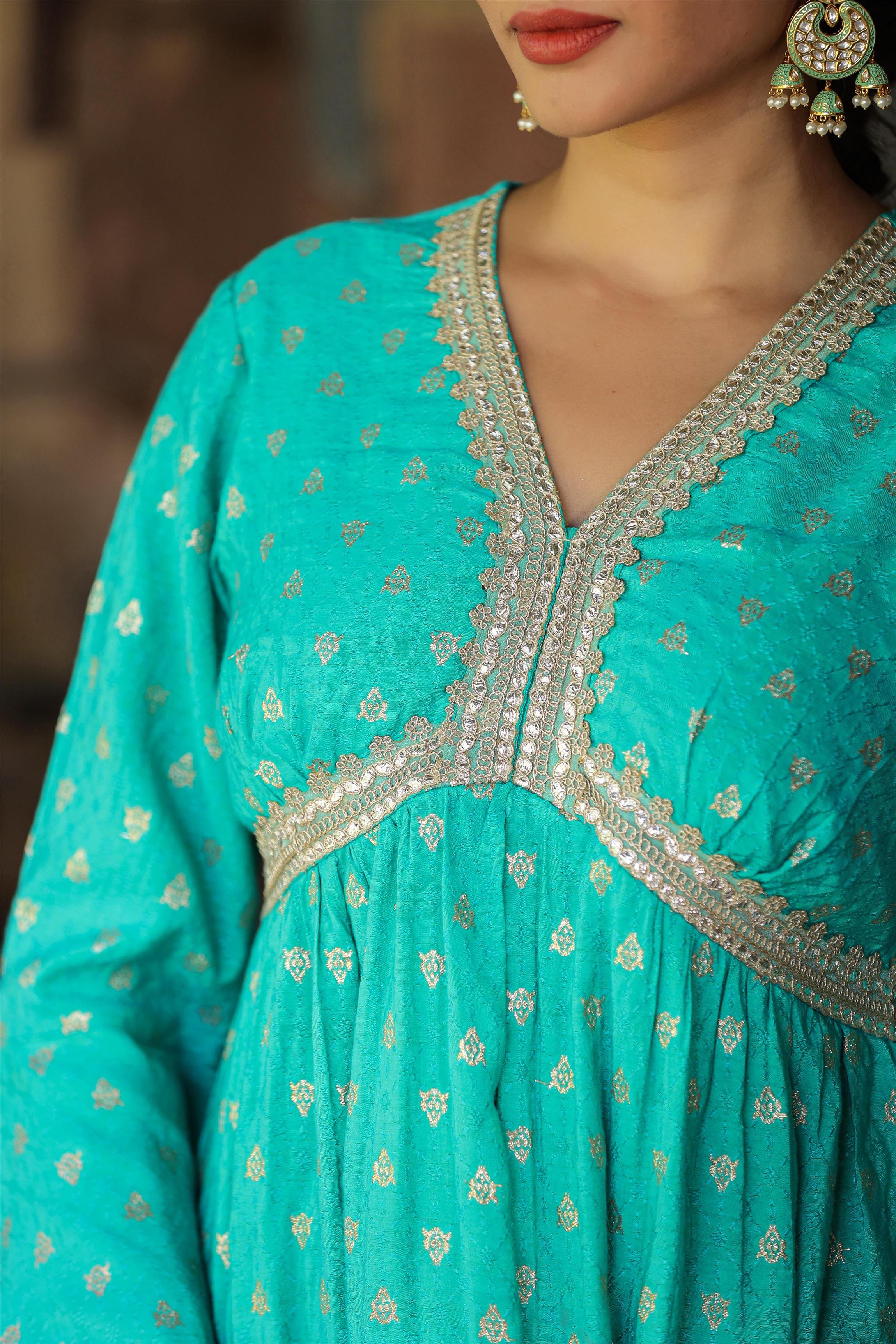 Turquoise Cotton Jacquard Empire Ethnic Dress With Dupatta