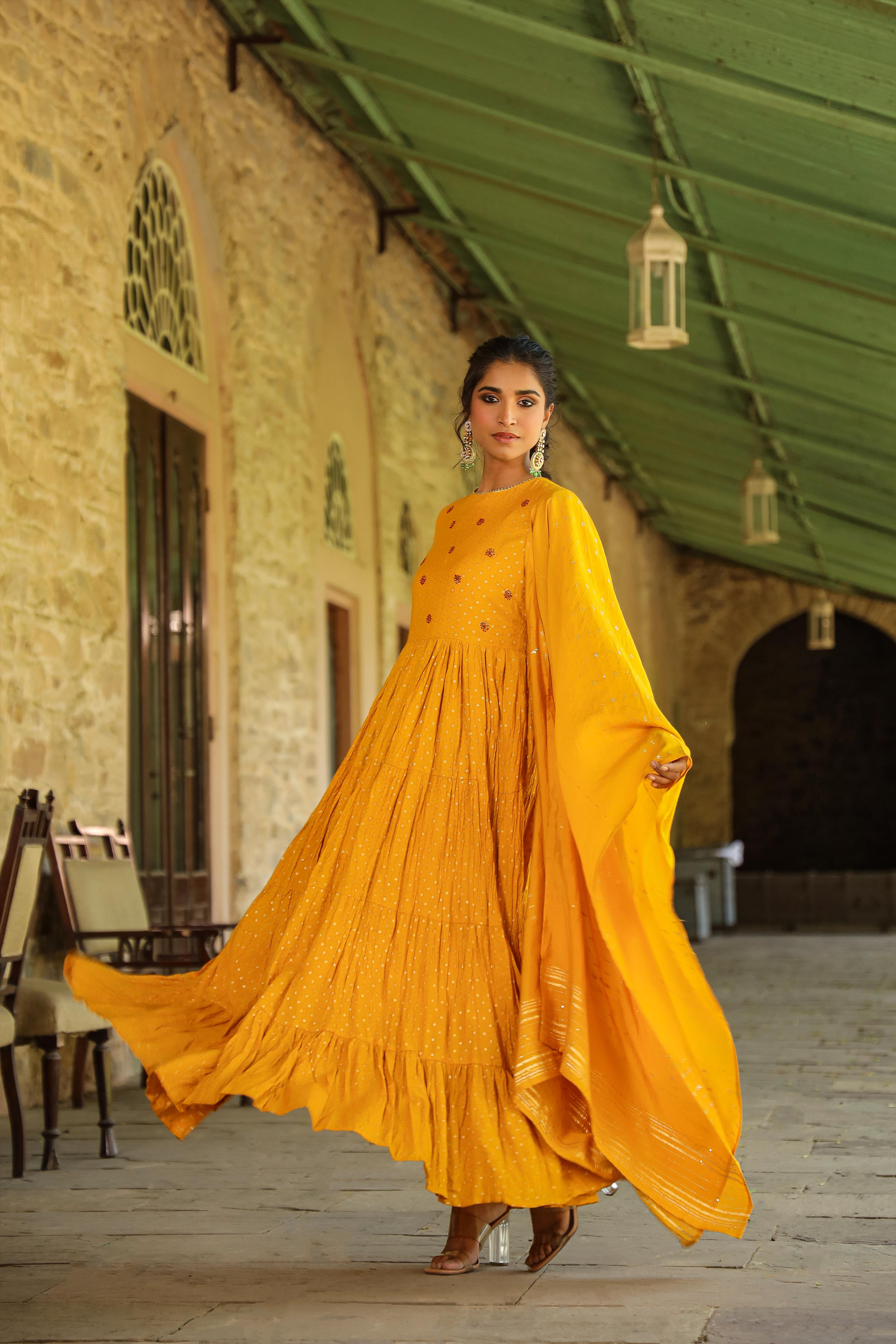 Mustard Cotton Jacquard Embellished Tiered Ethnic Dress With Dupatta