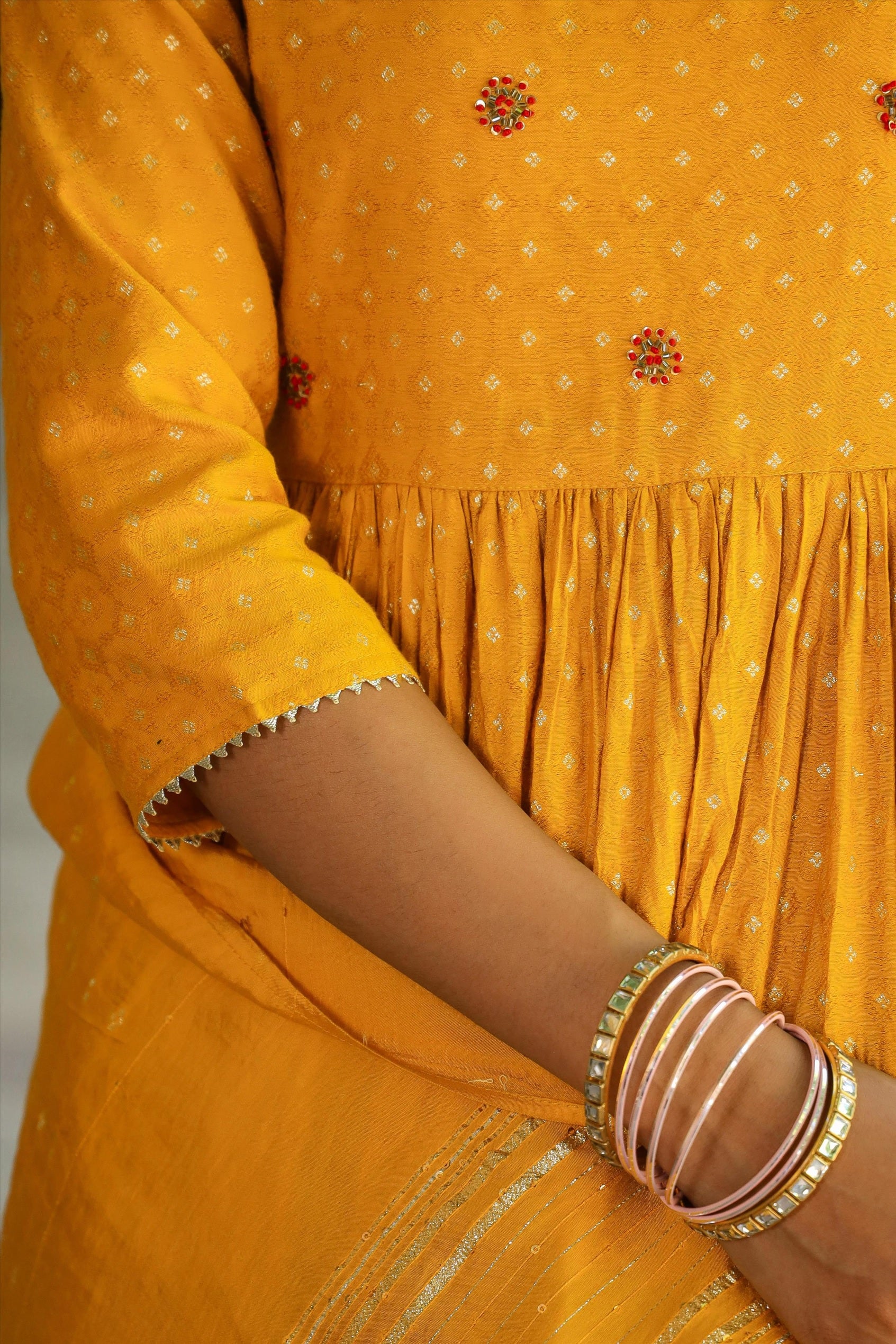 Mustard Cotton Jacquard Embellished Tiered Ethnic Dress With Dupatta