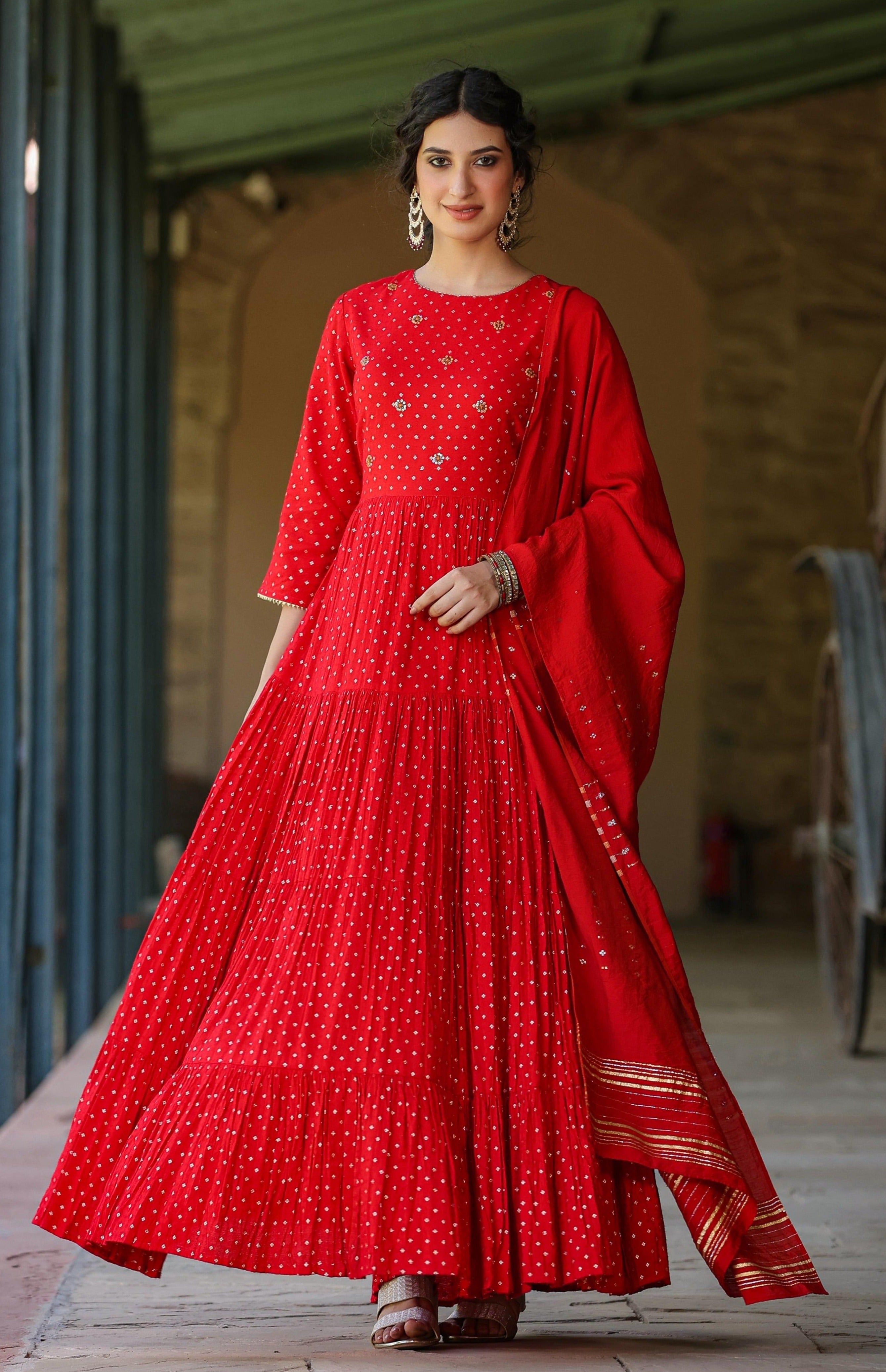 Red Cotton Jacquard Embellished Tiered Ethnic Dress With Dupatta