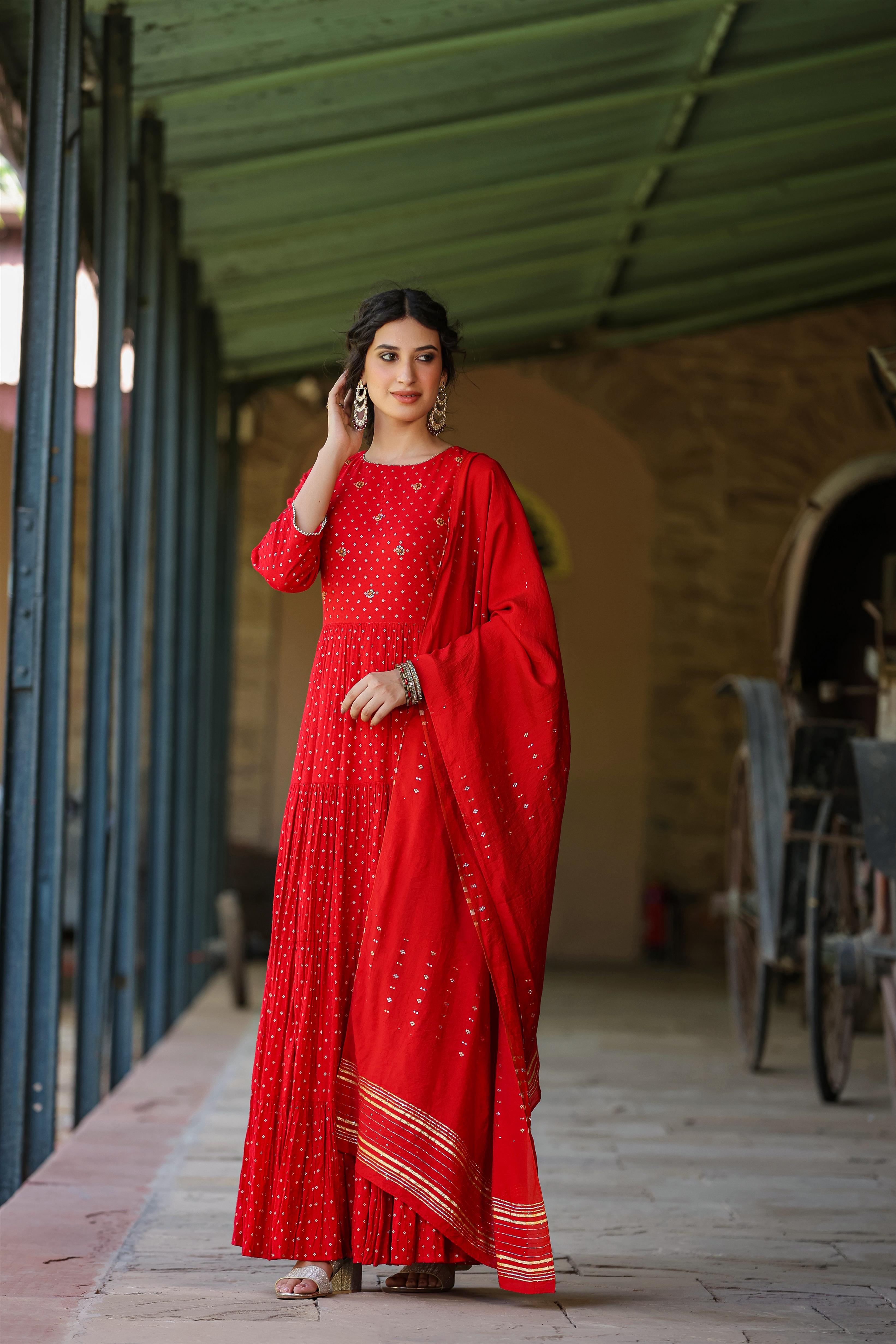 Red Cotton Jacquard Embellished Tiered Ethnic Dress With Dupatta