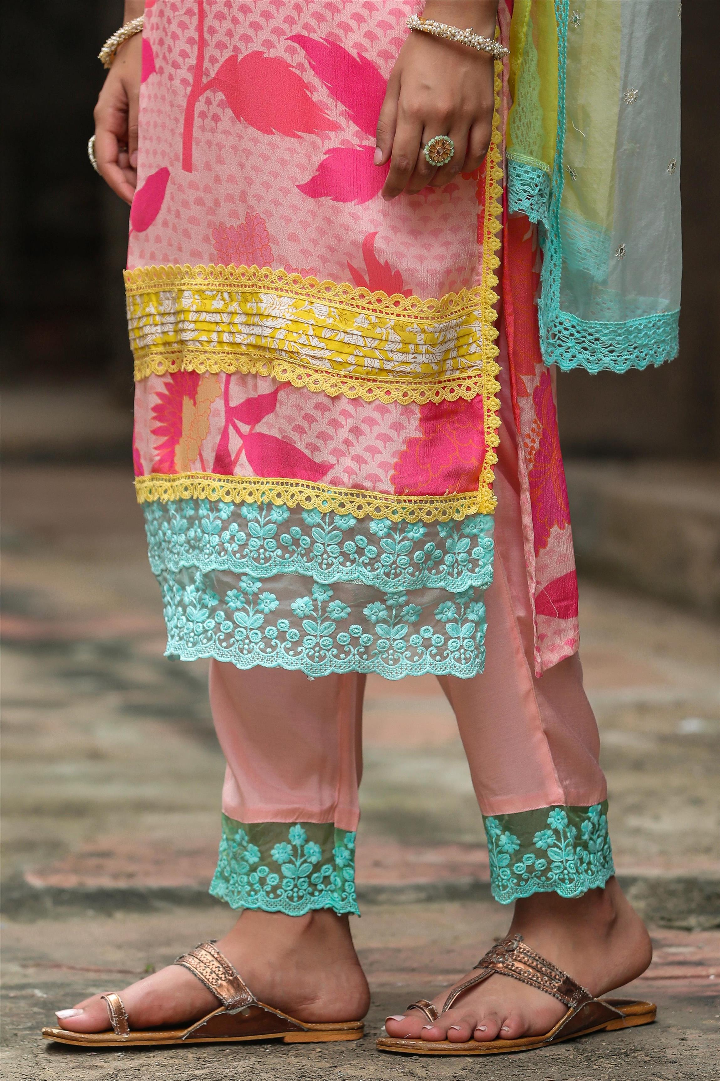 Pink Chinon Digital Print Suit Set With Organza Dupatta