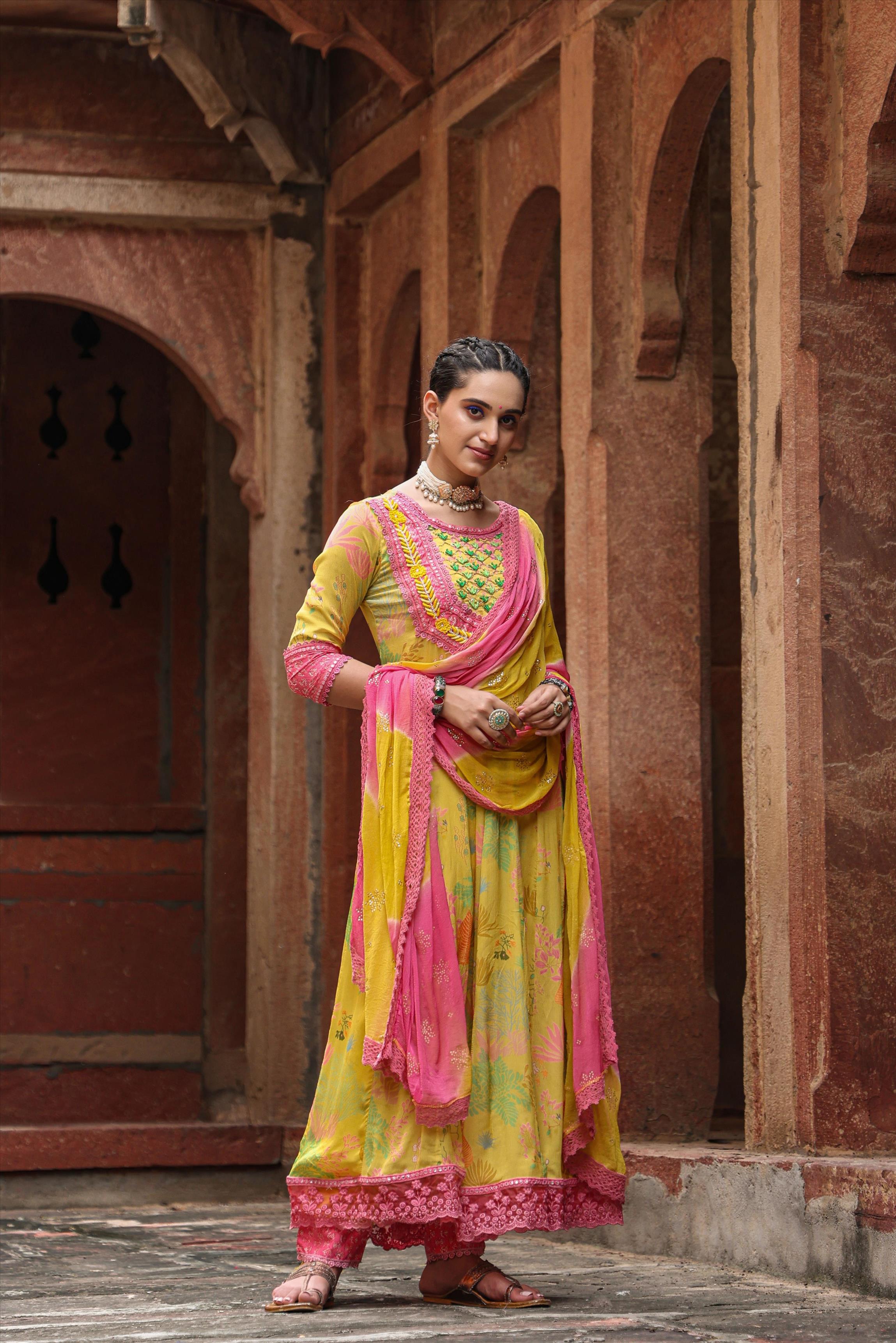 Yellow Chinon Digital Print Anarkali Suit Set With Chiffon Mukaish Work Dupatta