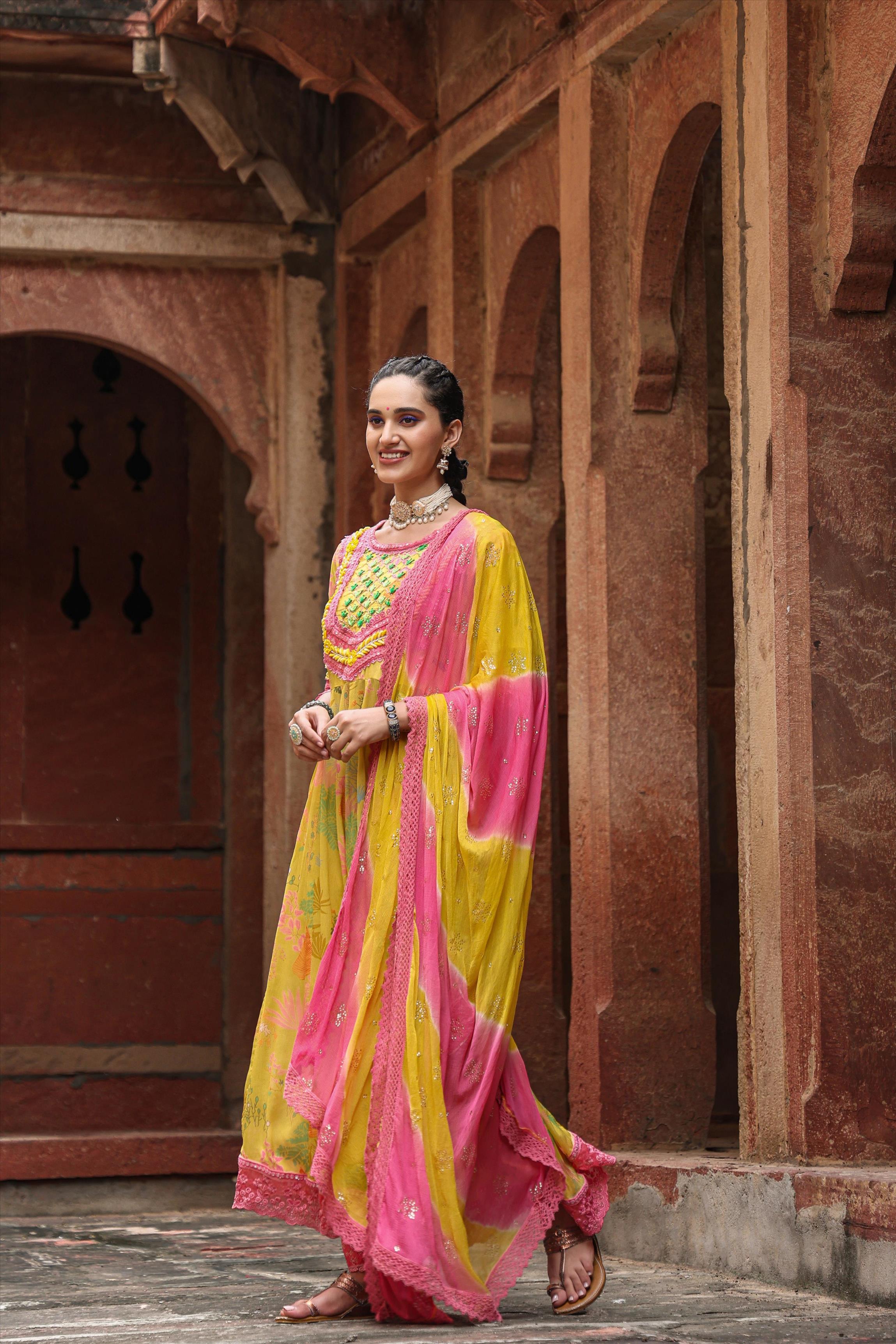 Yellow Chinon Digital Print Anarkali Suit Set With Chiffon Mukaish Work Dupatta