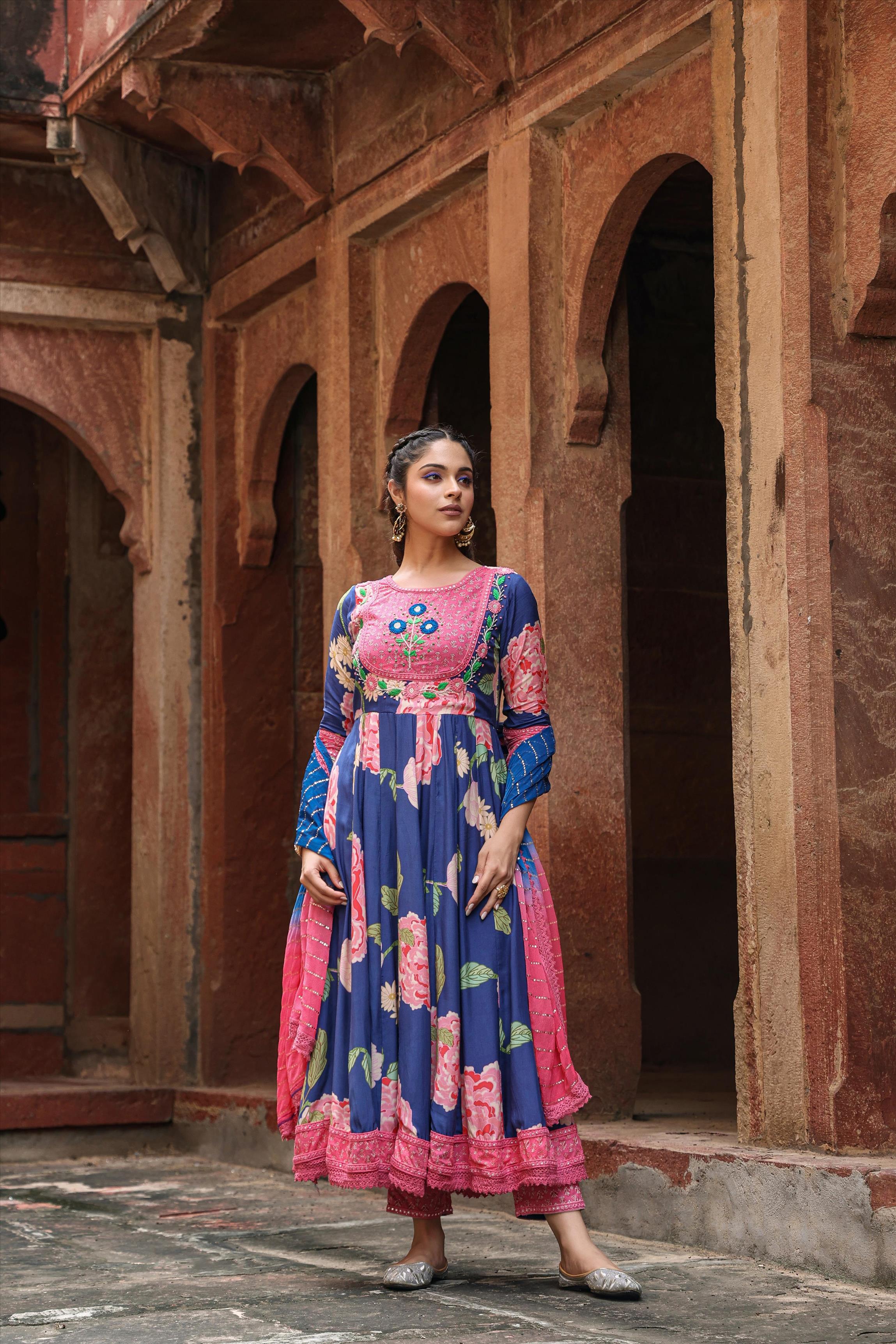 Navy Muslin Silk Digital Print Anarkali Suit Set With Chiffon Mukaish Work Dupatta