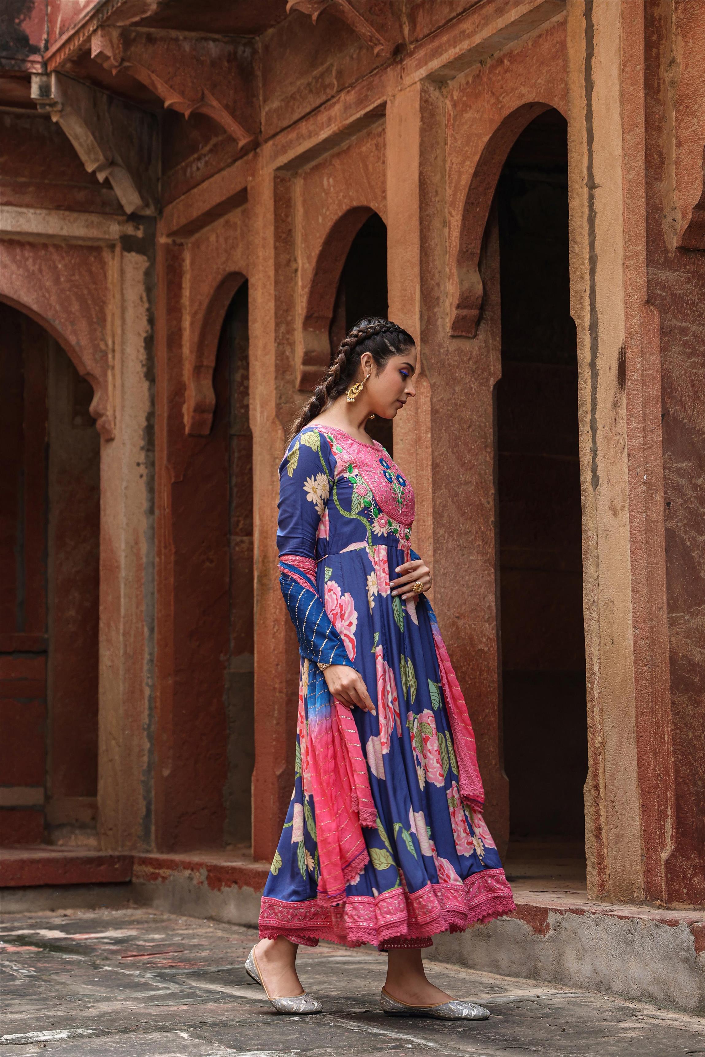 Navy Muslin Silk Digital Print Anarkali Suit Set With Chiffon Mukaish Work Dupatta
