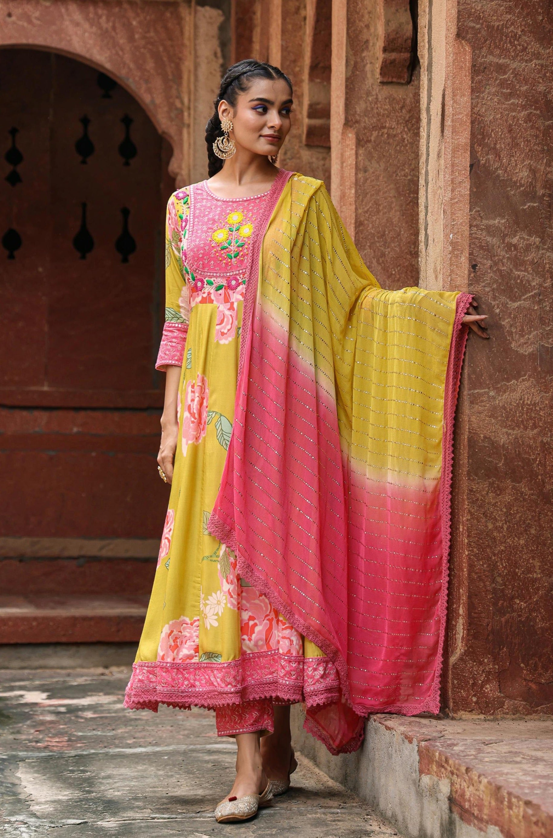 Yellow Muslin Silk Printed Suit Set