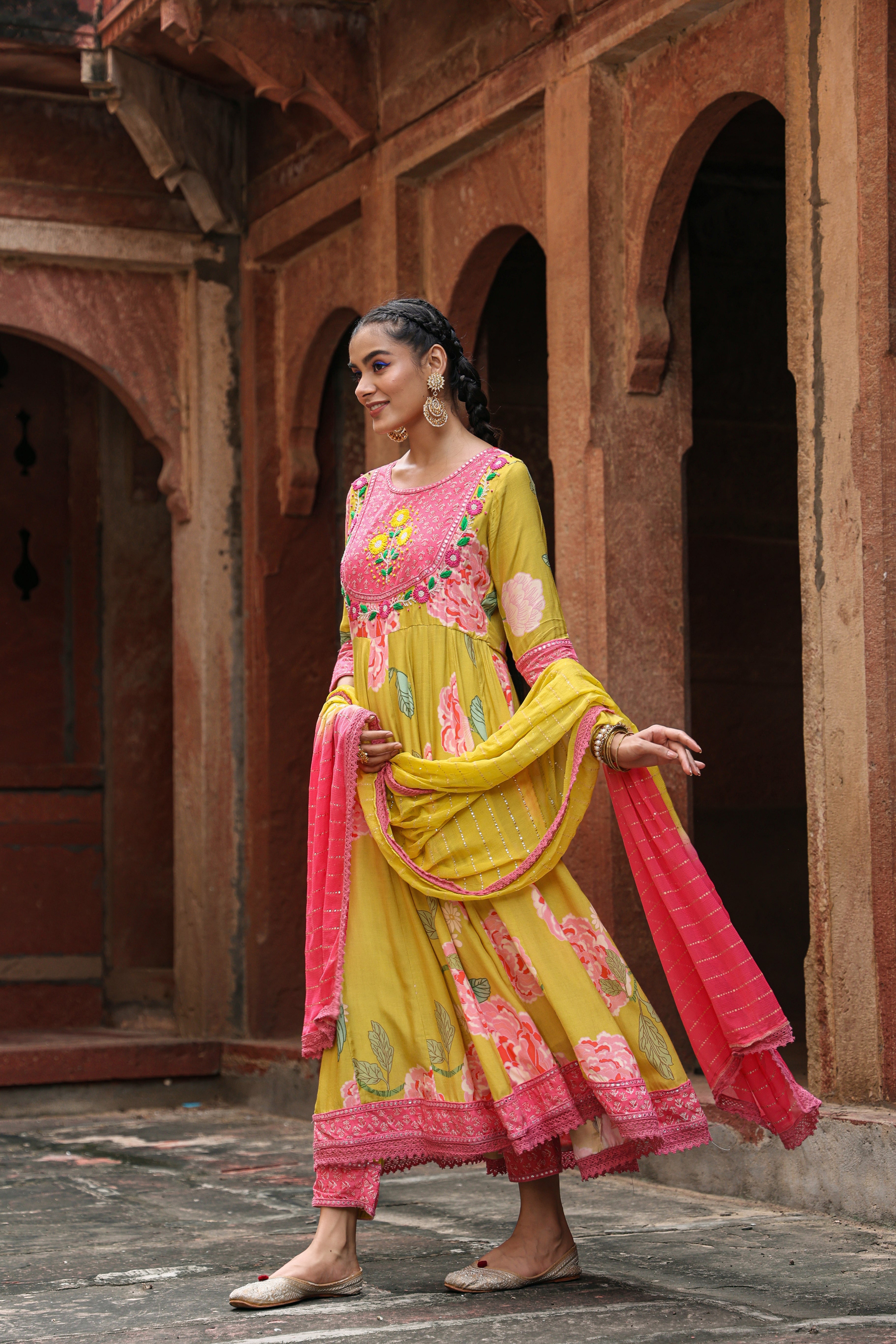 Yellow Muslin Silk Printed Suit Set