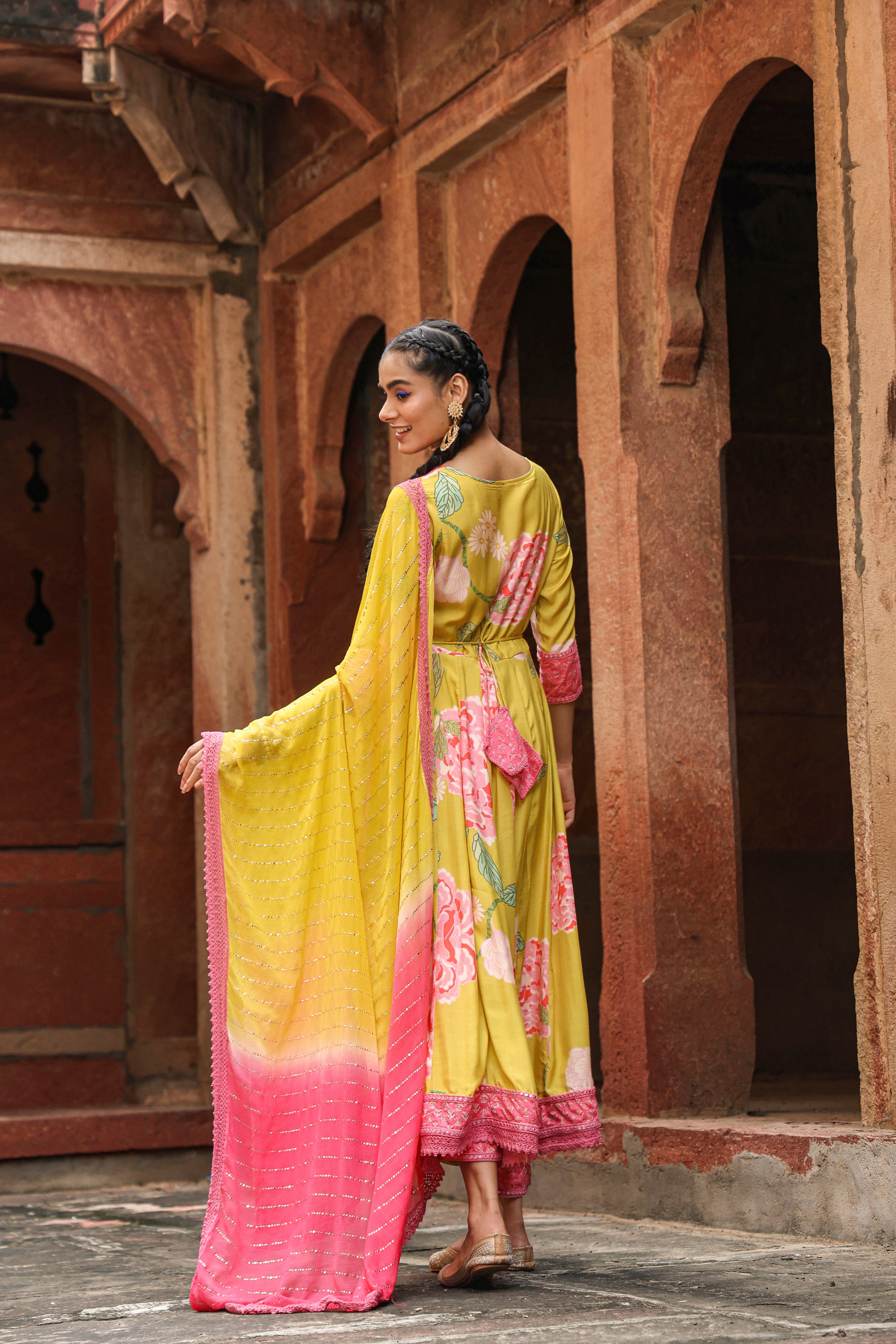 Yellow Muslin Silk Printed Suit Set