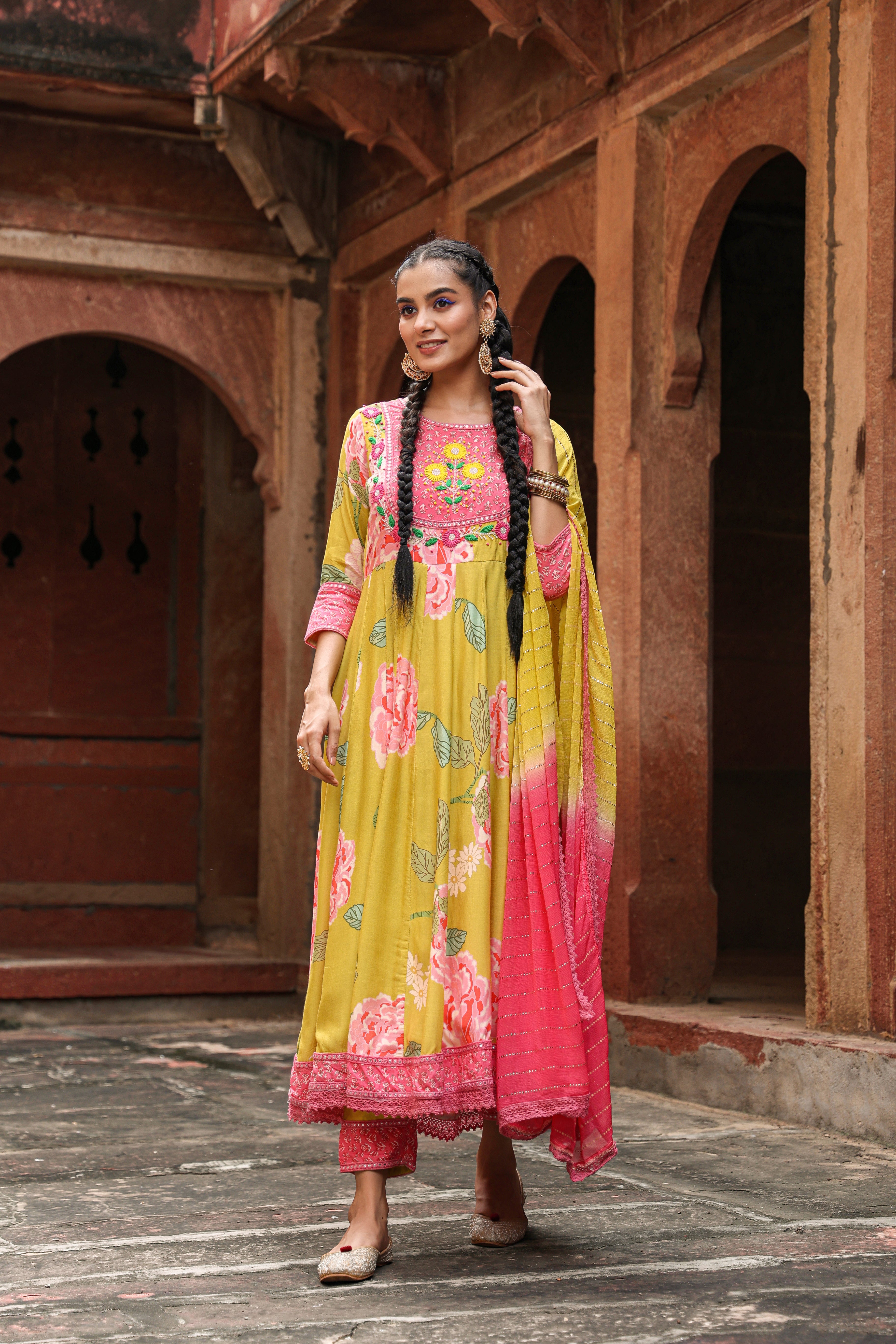 Yellow Muslin Silk Printed Suit Set