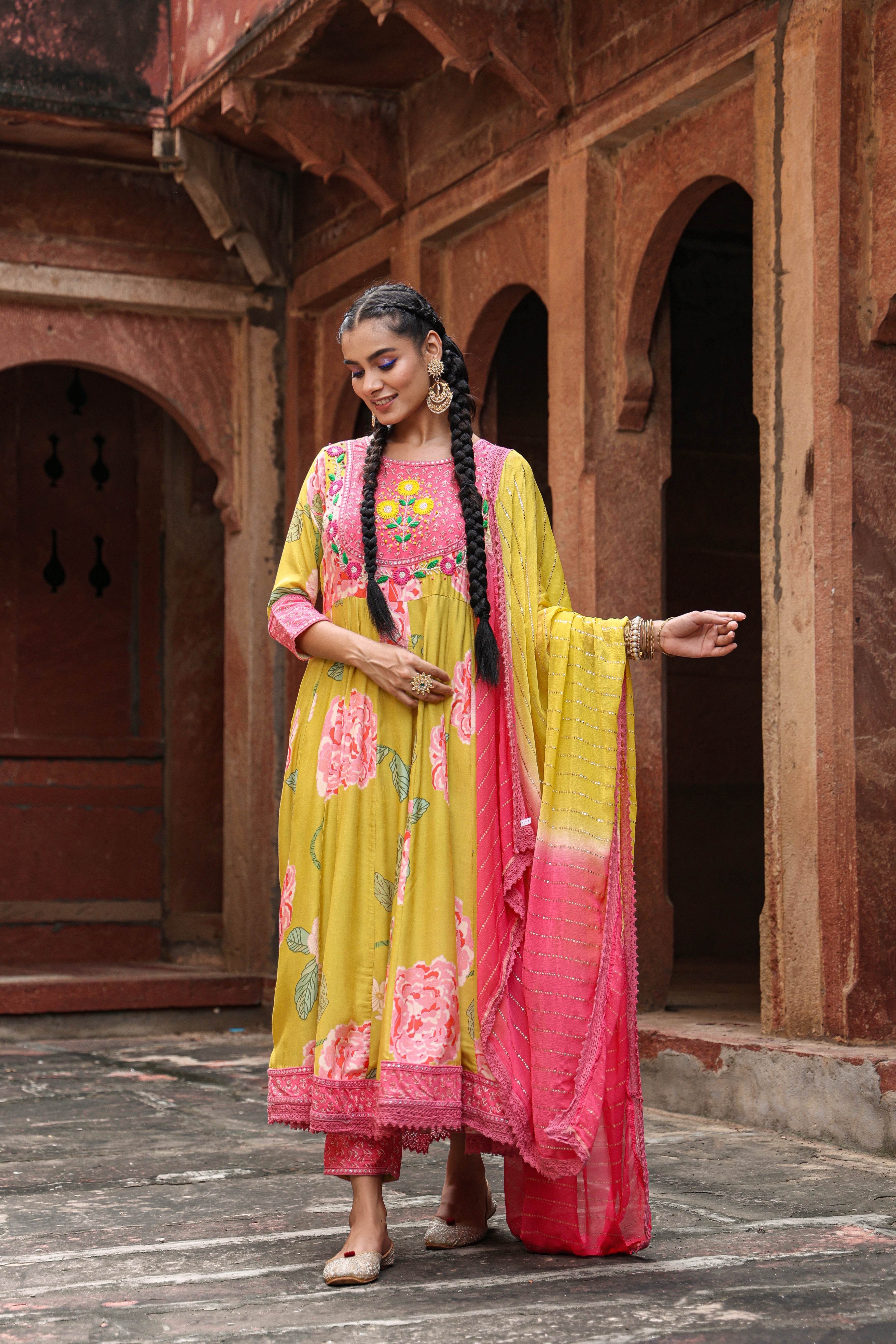 Yellow Muslin Silk Printed Suit Set