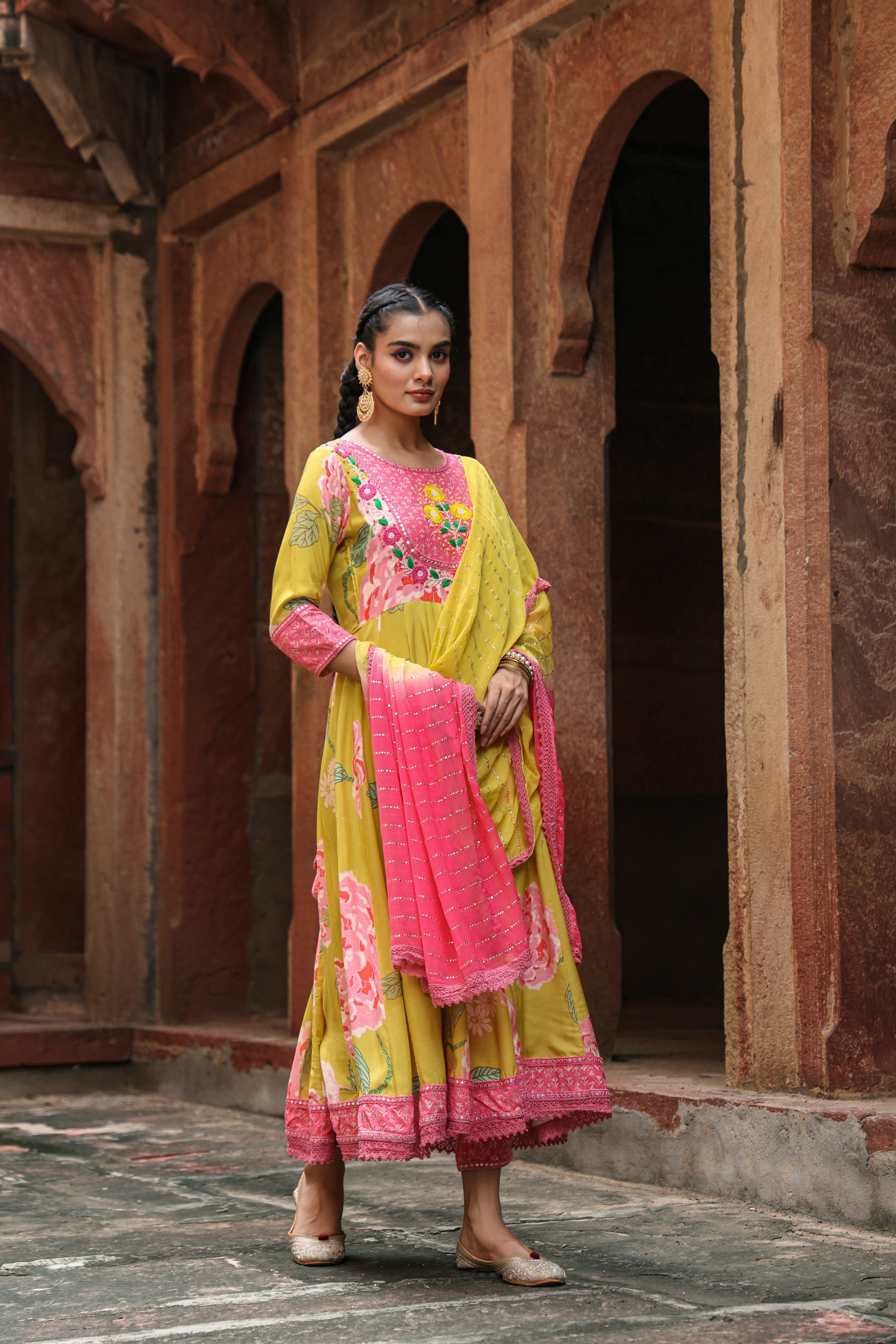 Yellow Muslin Silk Printed Suit Set