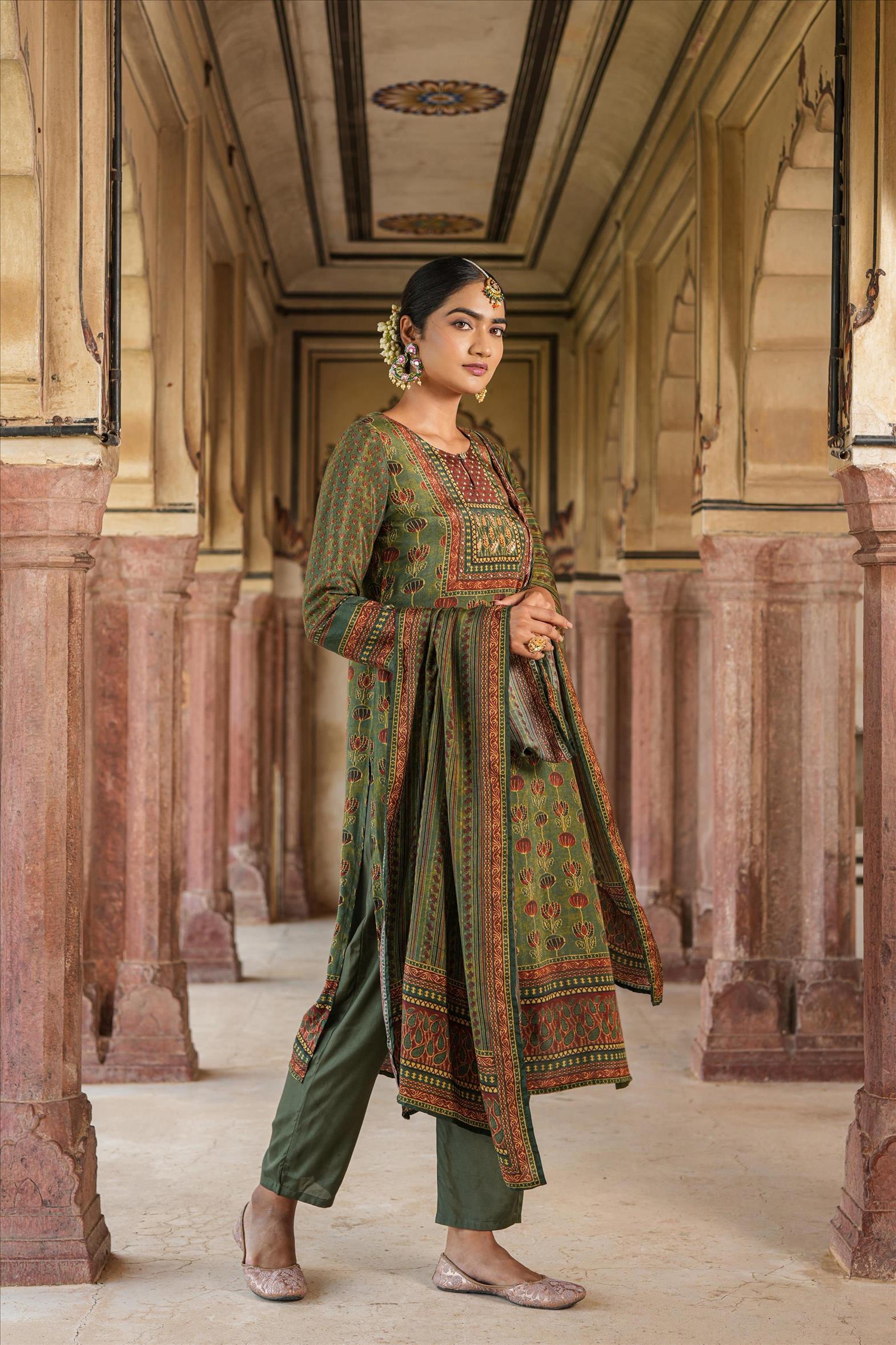Green Pure Silk Ajrakh Print Suit Set